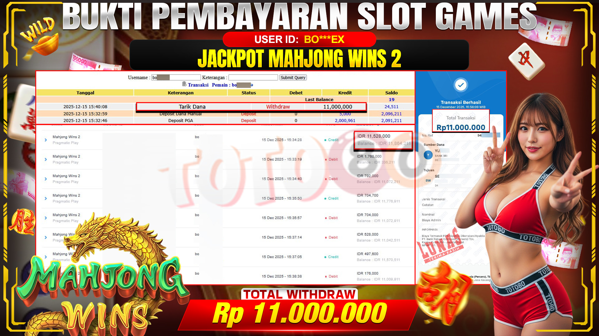 🎉 TOTO80 – JACKPOT SLOT MAHJONG WINS 2 RP. 11,000,000,- TELAH DIBAYARKAN! 🎉