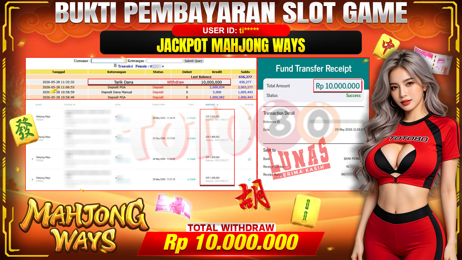 💰🎉 TOTO80 – JACKPOT SLOT MAHJONG  WAYS  RP. 10,000,000,-  TELAH DIBAYARKAN!💰🎉