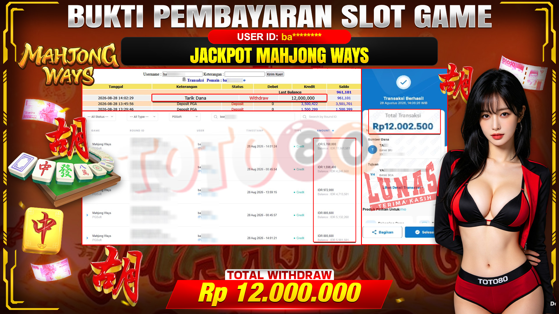 💰🎉 TOTO80 – JACKPOT SLOT MAHJONG  WAYS  RP. 12,000,000,-  TELAH DIBAYARKAN!💰🎉