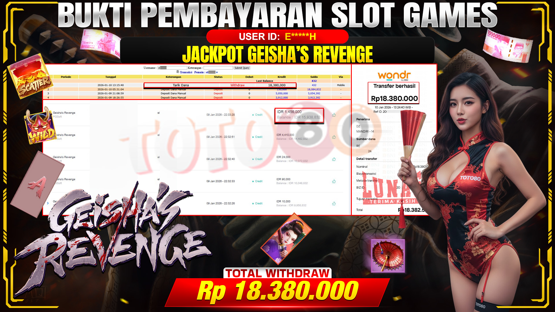 🎉 TOTO80 – JACKPOT SLOT GEISHA S REVENGE RP. 18,380,000,- TELAH DIBAYARKAN! 🎉
