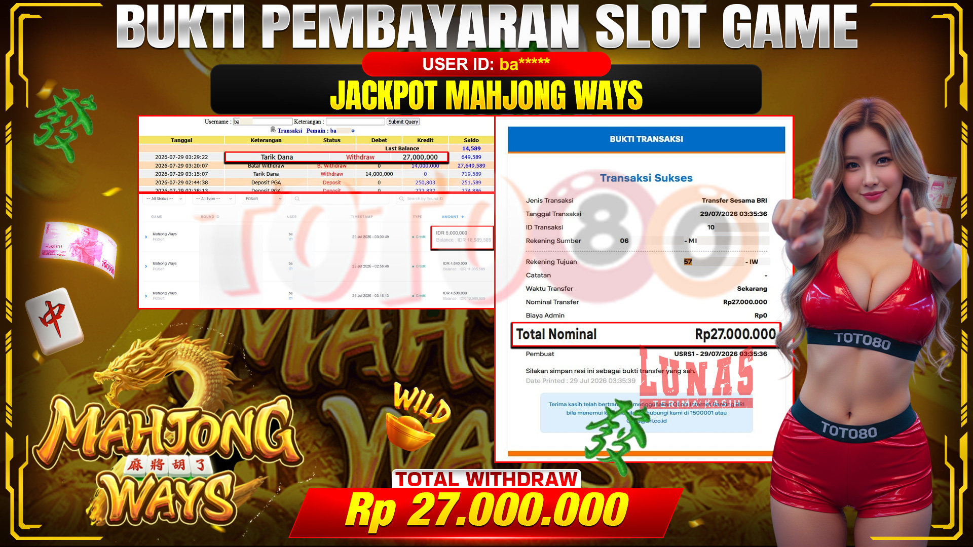 💰🎉 TOTO80 – JACKPOT SLOT MAHJONG  WAYS  RP. 27,000,000,-  TELAH DIBAYARKAN!💰🎉