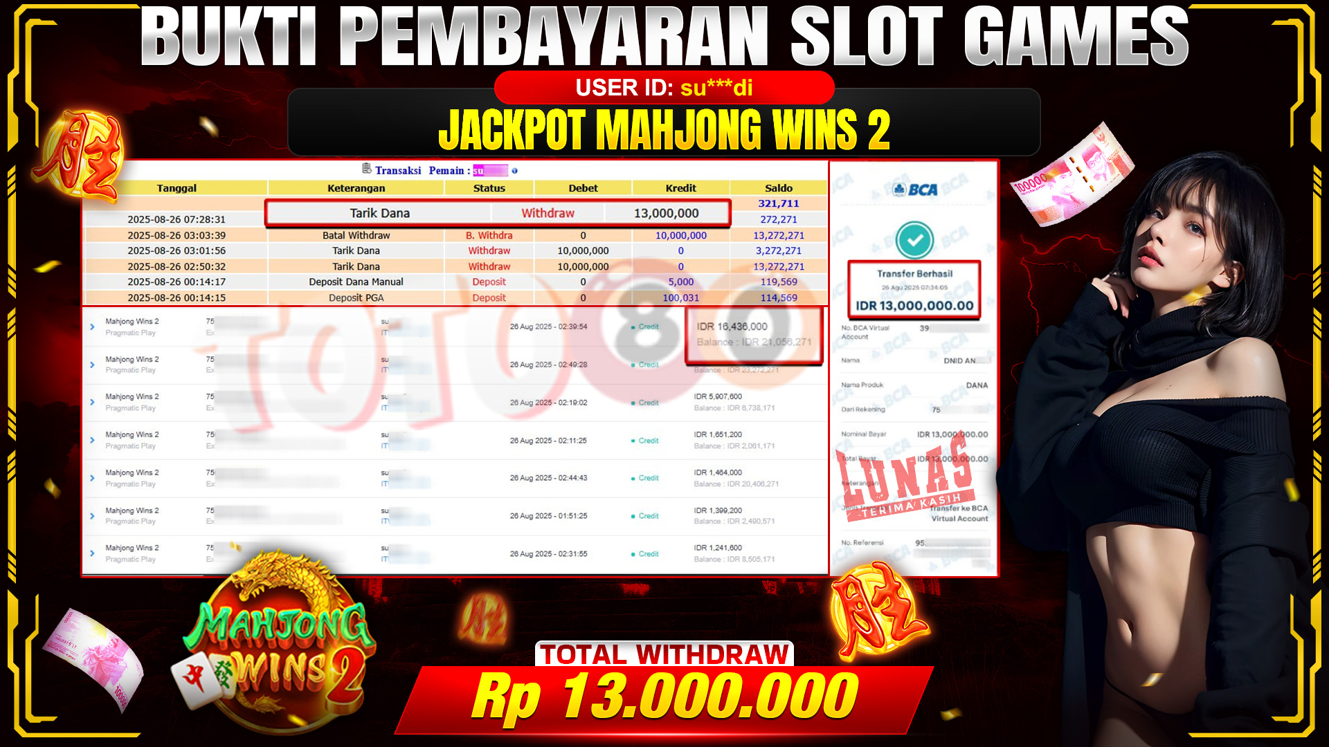 🎉 TOTO80 – JACKPOT SLOT MAHJONG WINS 2 =RP.13,000,000,- TELAH DIBAYARKAN! 🎉