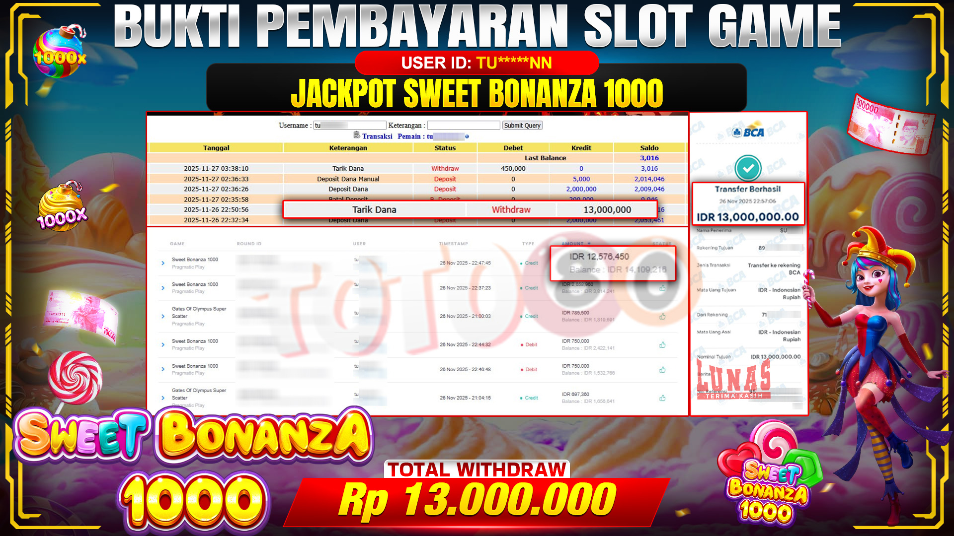 🎉 TOTO80 – JACKPOT SLOT SWEET BONANZA 1000 RP.13,000,000,- TELAH DIBAYARKAN! 🎉