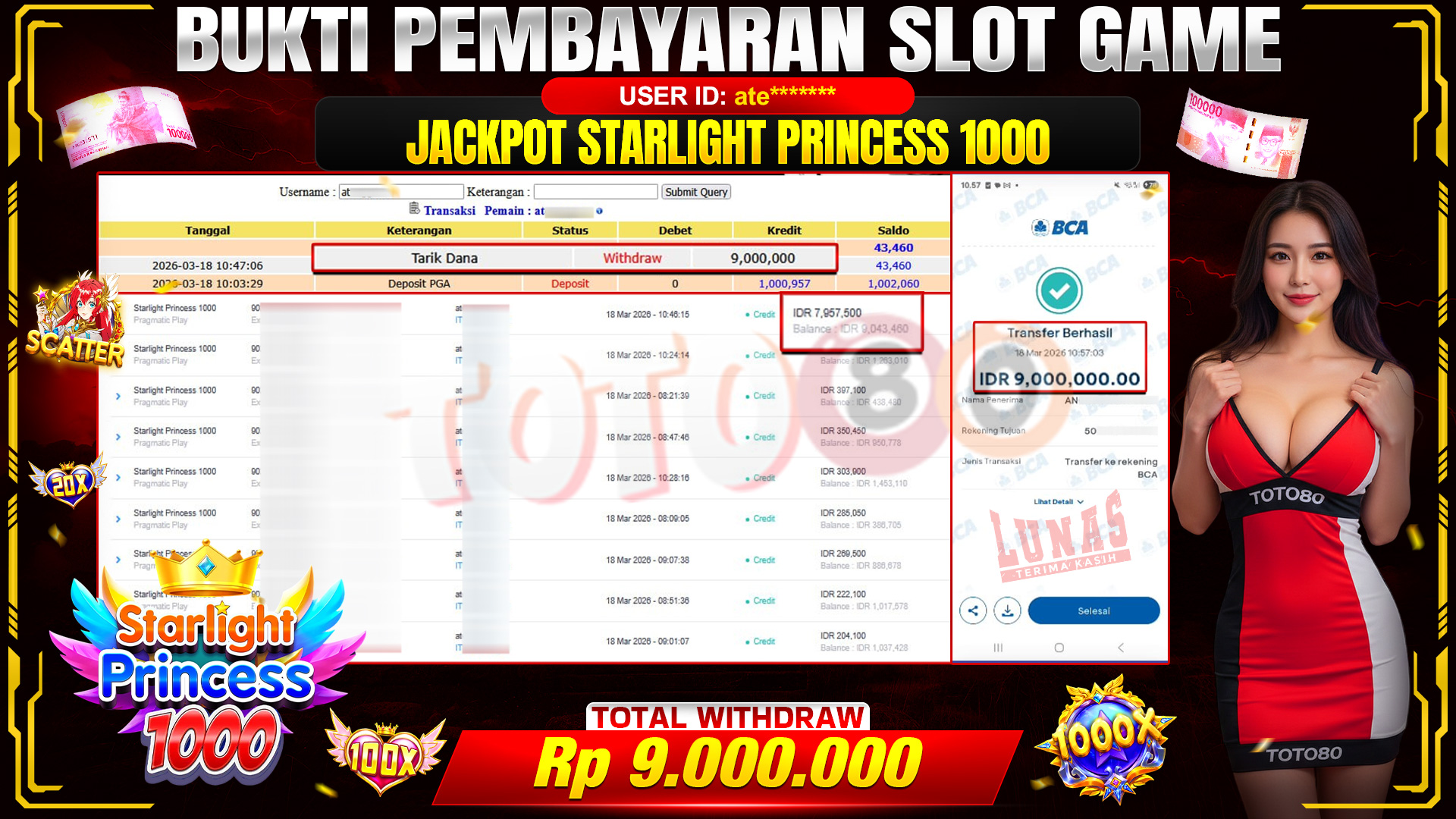 💰🎉 TOTO80 – JACKPOT SLOT STARLIGHT PRINCES 1000 RP. 9,000,000,- TELAH DIBAYARKAN! 💰🎉