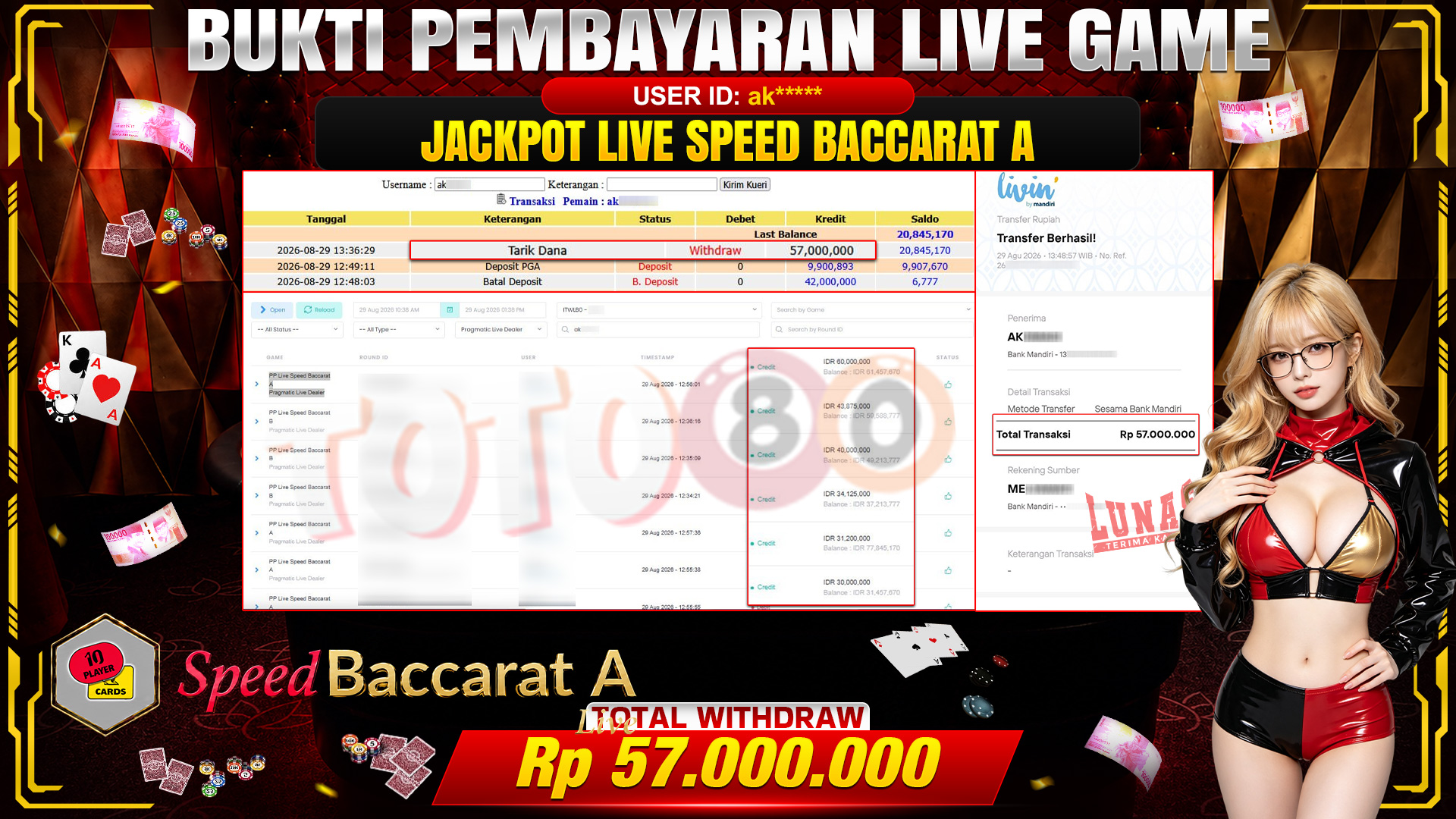 💰🎉 TOTO80 – JACKPOT SPEED BACCARAT A RP. 57,000,000,- TELAH DIBAYARKAN!💰🎉
