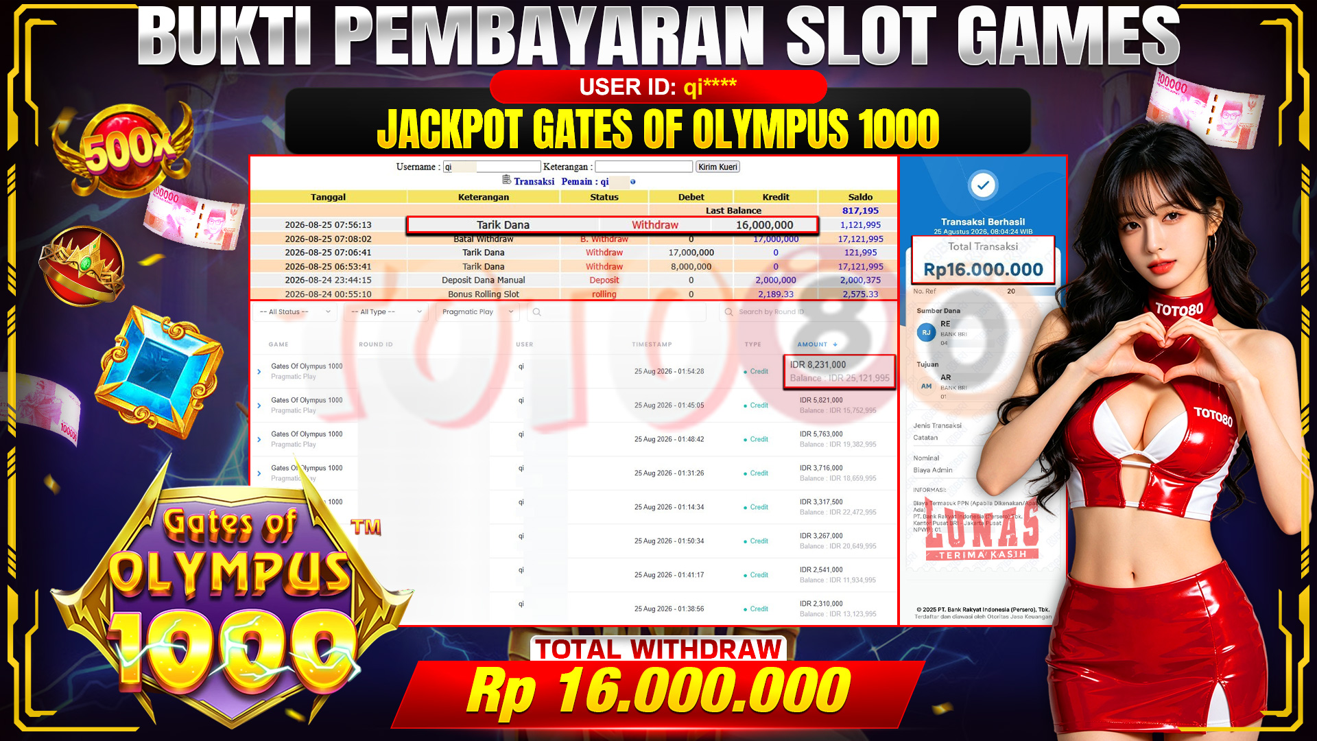 💰🎉 TOTO80 – JACKPOT SLOT GATES OF OLYMPUS 1000 RP. 16,000,000,-  TELAH DIBAYARKAN!💰🎉