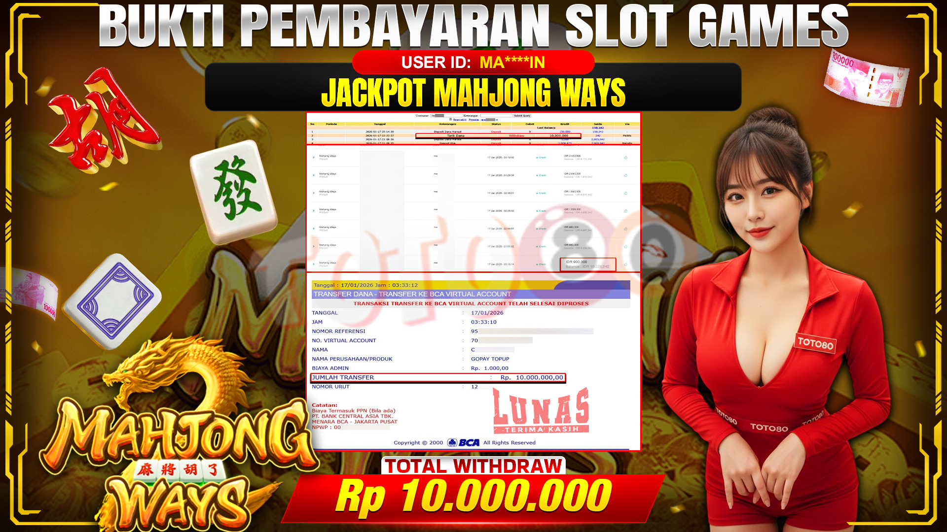 🎉 TOTO80 – JACKPOT SLOT MAHJONG WAYS RP. 10,000,000,- TELAH DIBAYARKAN! 🎉