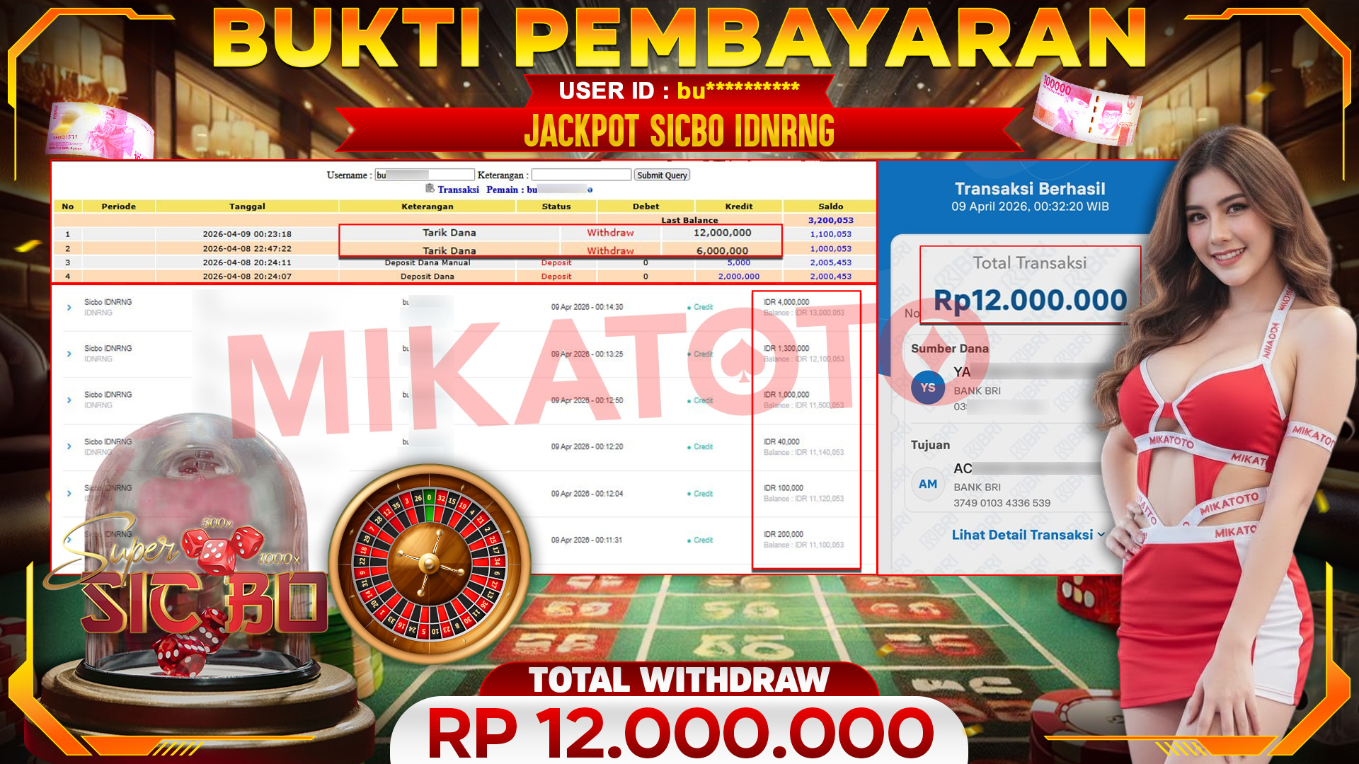 🏆 SELAMAT KEPADA PEMENANG JACKPOT Sicbo IDNRNG - IDNRNG 12,000,000🏆