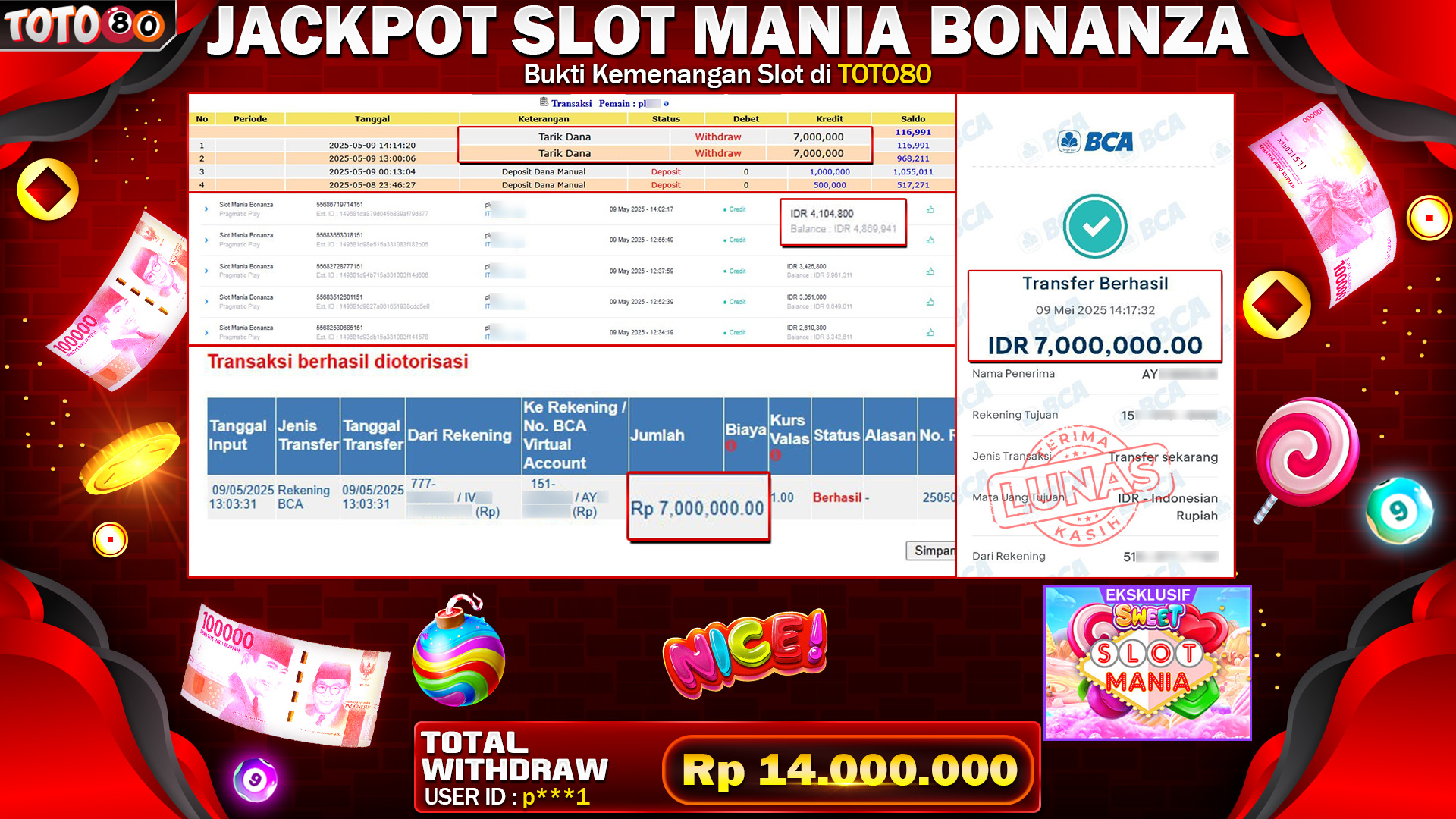TOTO80 JACKPOT SLOT MANIA BONANZA Rp.14.000.000,- LUNAS