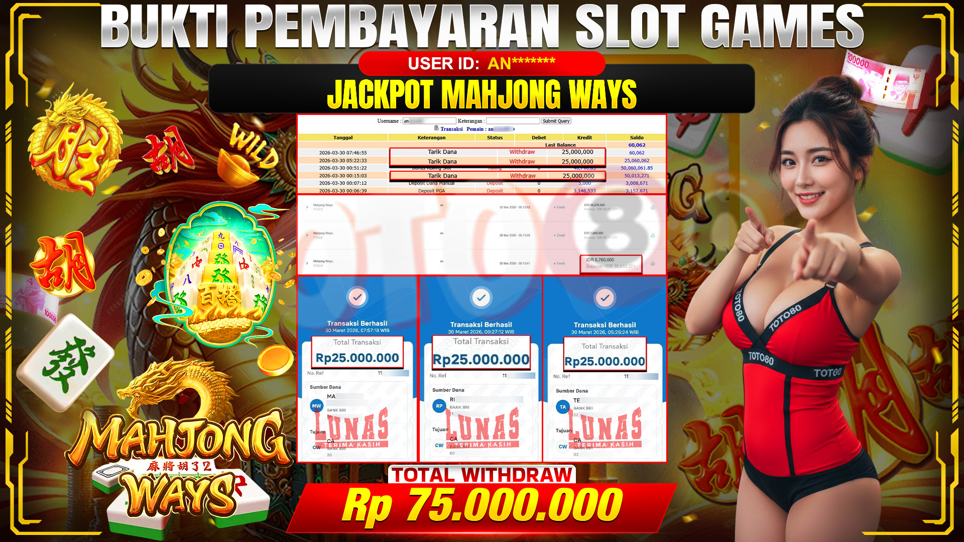 💰🎉 TOTO80 – JACKPOT SLOT MAHJONG WAYS RP. 75,000,000,- TELAH DIBAYARKAN! 💰🎉