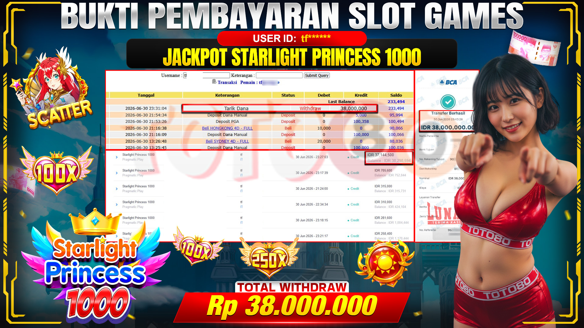 💰🎉 TOTO80 – JACKPOT SLOT STARLIGHT PRINCESS 1000 RP. 38,000,000,- TELAH DIBAYARKAN!💰🎉