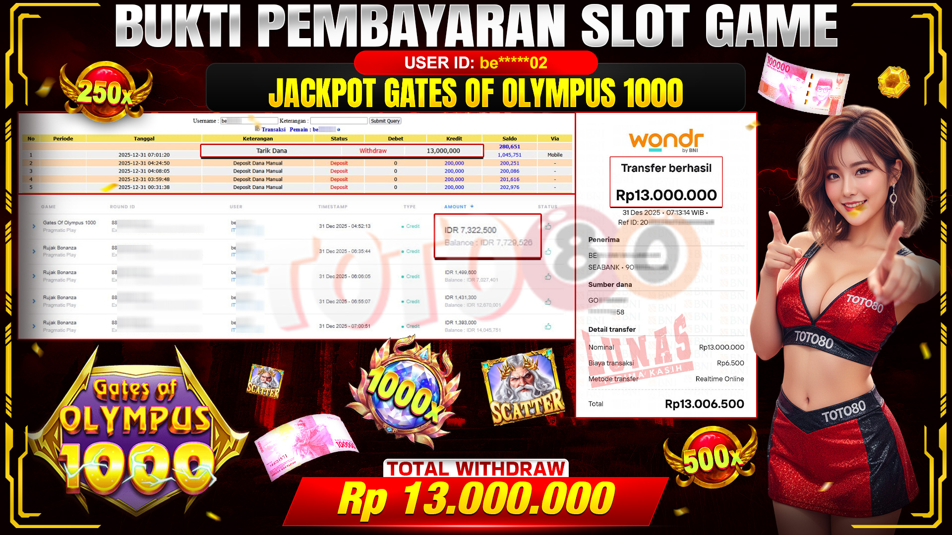 🎉 TOTO80 – JACKPOT SLOT GATES OF OLYMPUS 1000 RP. 13,000,000,- TELAH DIBAYARKAN! 🎉