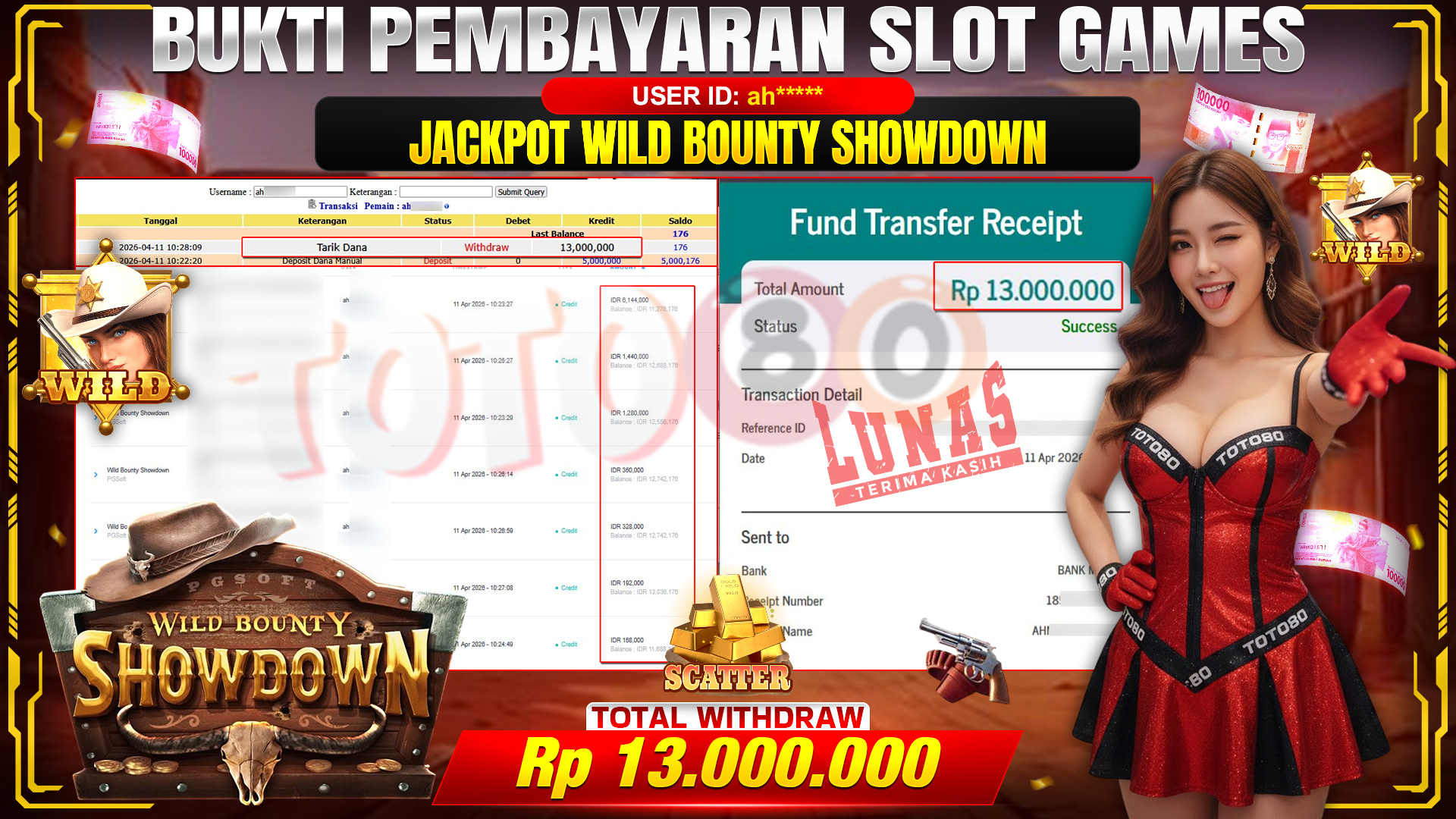 💰🎉 TOTO80 – JACKPOT SLOT WILD BOUNTY SHOWDOWN RP. 13,000,000,- TELAH DIBAYARKAN!💰🎉