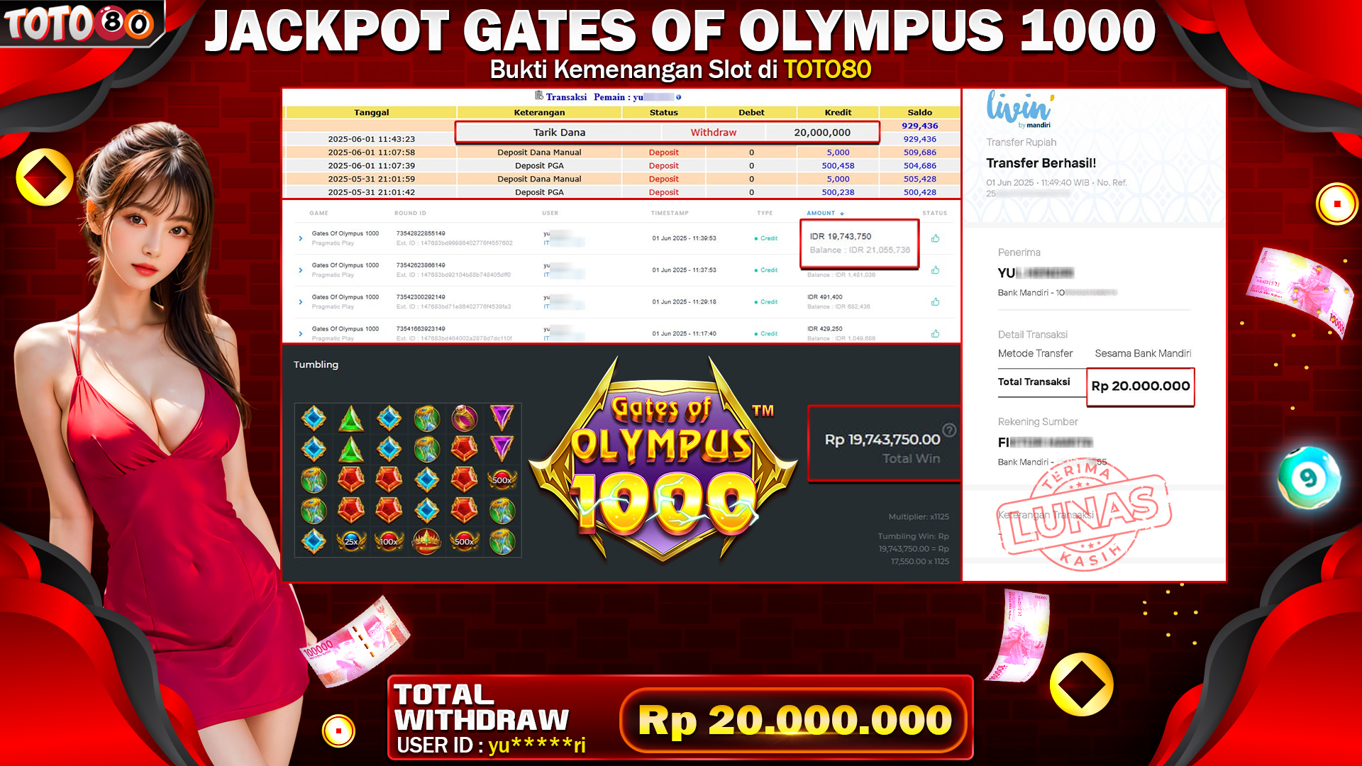 TOTO80 JACKPOT SLOT GATES OF OLYMPUS 1000 RP 20.000.000,- LUNAS