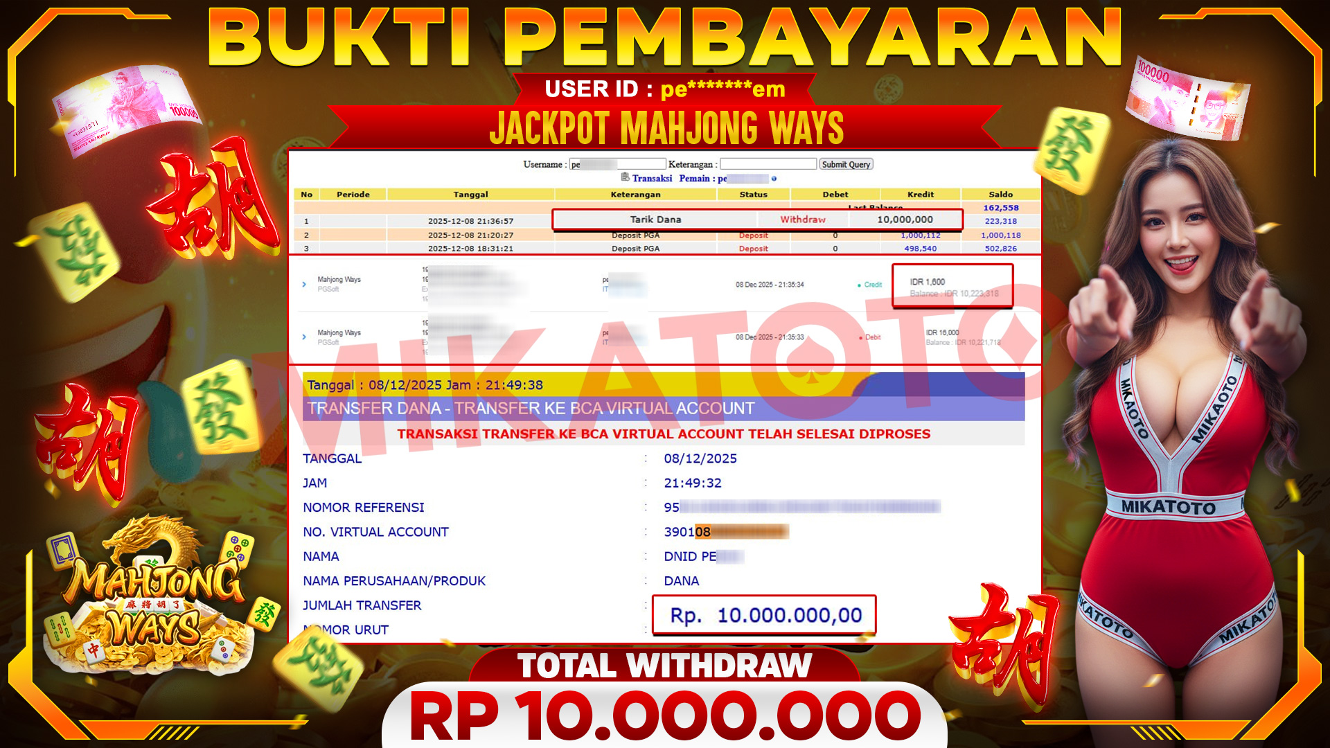 SELAMAT KEPADA PEMENANG JACKPOT DI Mahjong Ways - PGSoft 10,000,000🏆