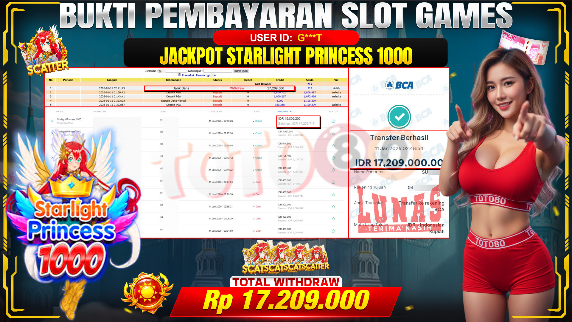 🎉 TOTO80 – JACKPOT SLOT STARLIGHT PRINCESS 1000 RP. 17,209,000,- TELAH DIBAYARKAN! 🎉