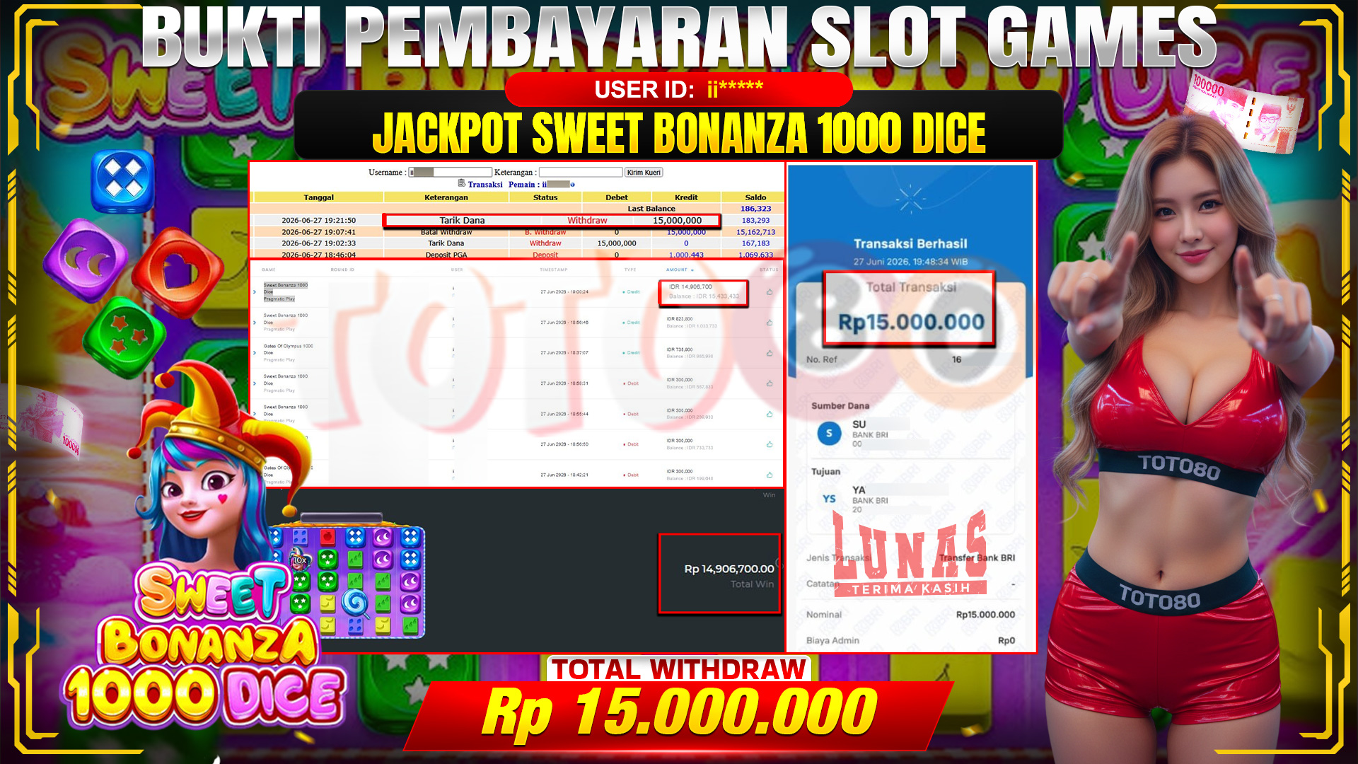 💰🎉TOTO80 – JACKPOT SLOT SWEET BONANZA 1000 . 15,000,000,- TELAH DIBAYARKAN! 💰🎉