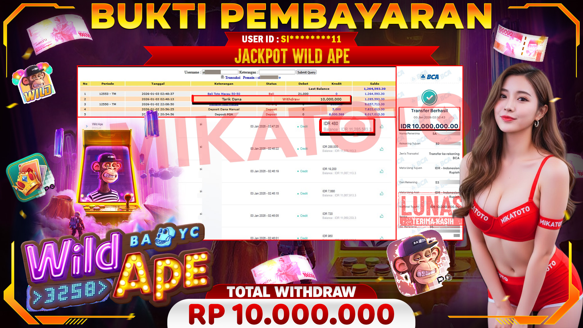 🏆 SELAMAT KEPADA PEMENANG JACKPOT DI Wild Ape - PGSoft 10,000,000🏆