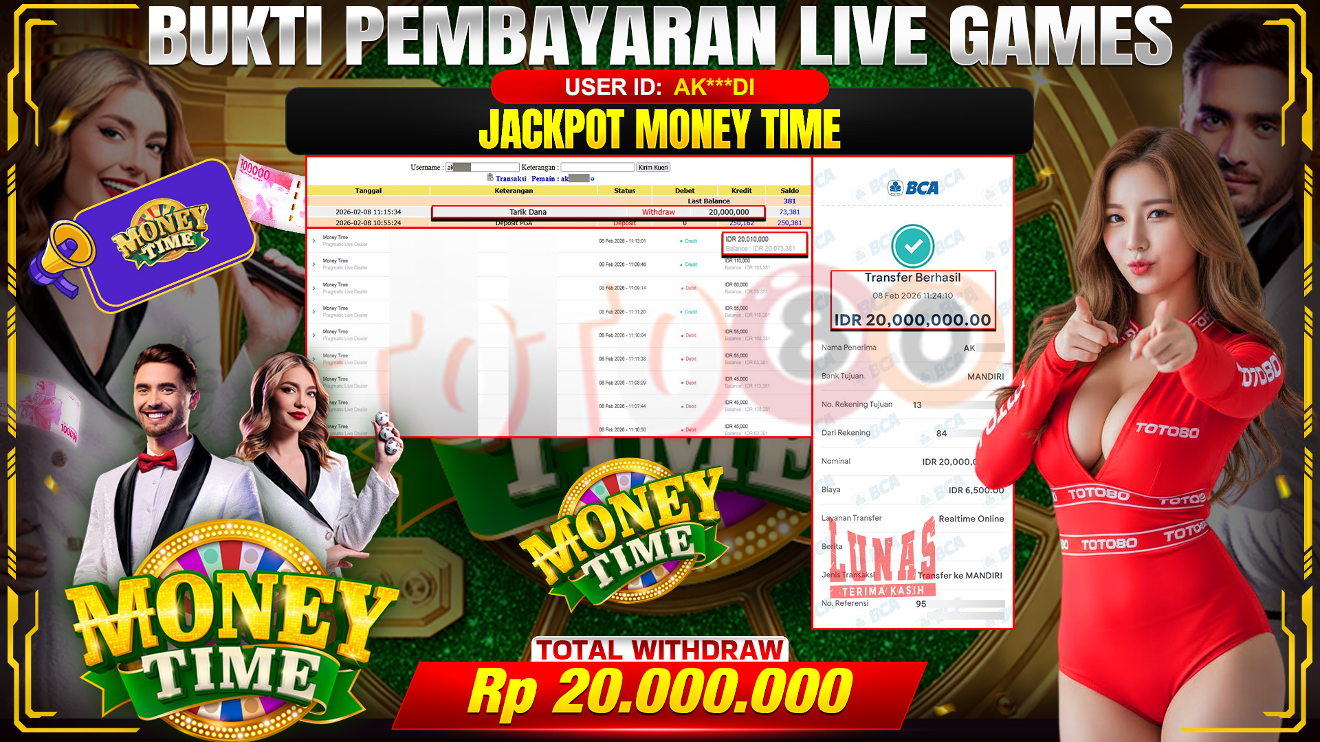 🎉 TOTO80 – JACKPOT LIVE GAME MONEY TIME  2 RP. 20,000,000,- TELAH DIBAYARKAN! 🎉