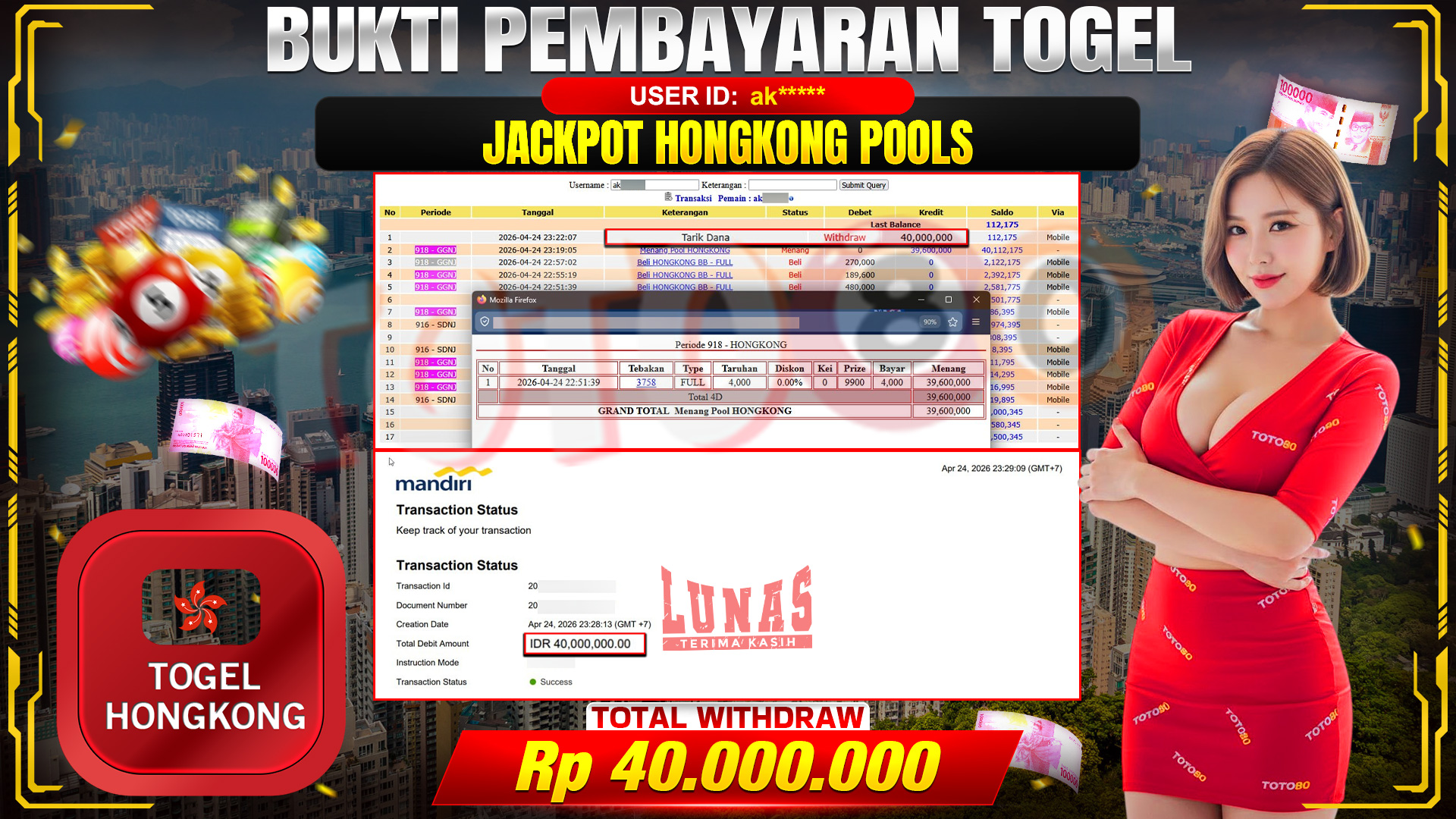 💰🎉 TOTO80 – JACKPOT  HONGKONG POOLS RP. 40,000,000,- TELAH DIBAYARKAN! 💰🎉
