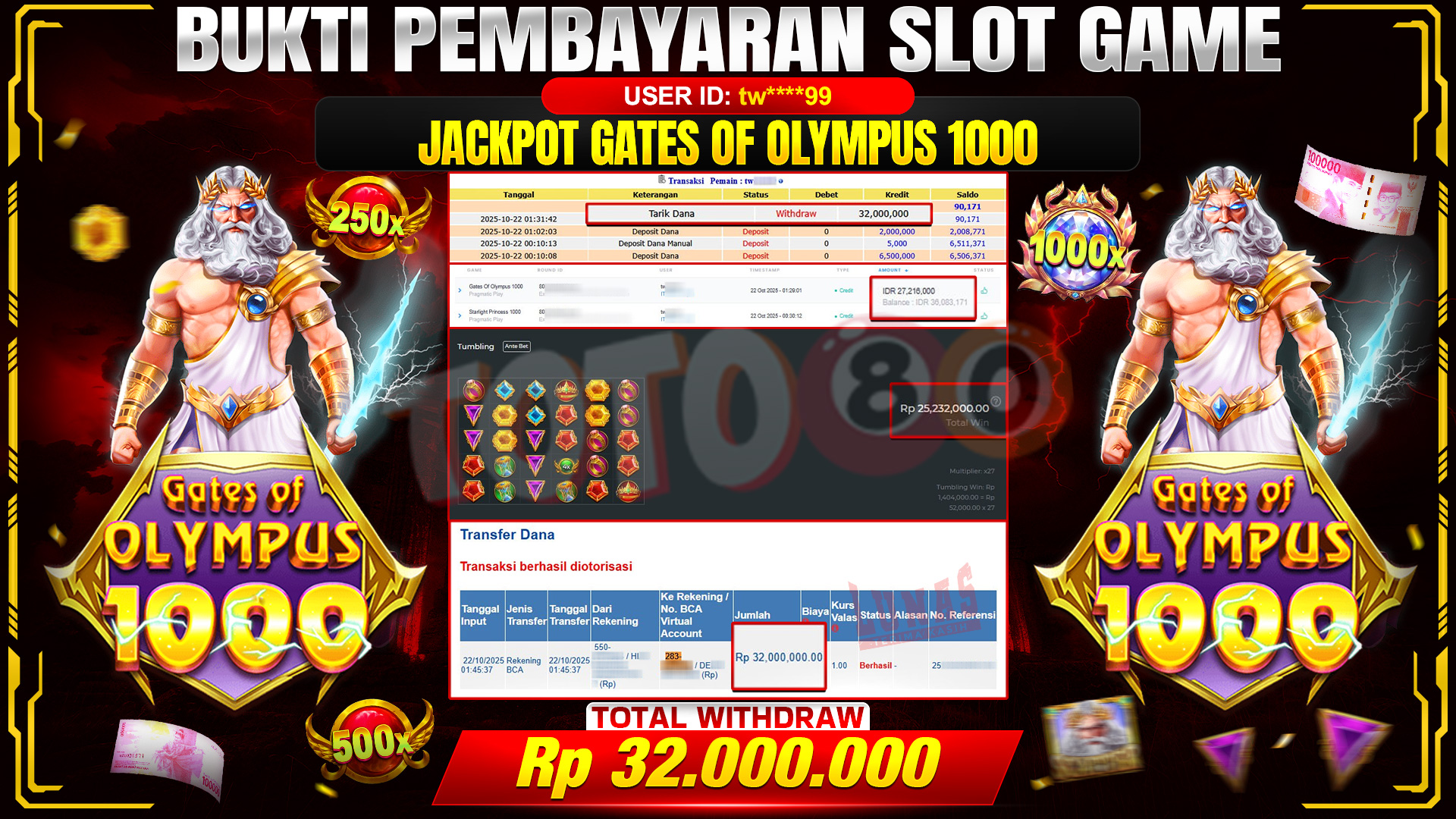 🎉 TOTO80 – JACKPOT SLOT GATES OF OYLMPUS 1000 RP.32.000.000,- TELAH DIBAYARKAN! 🎉