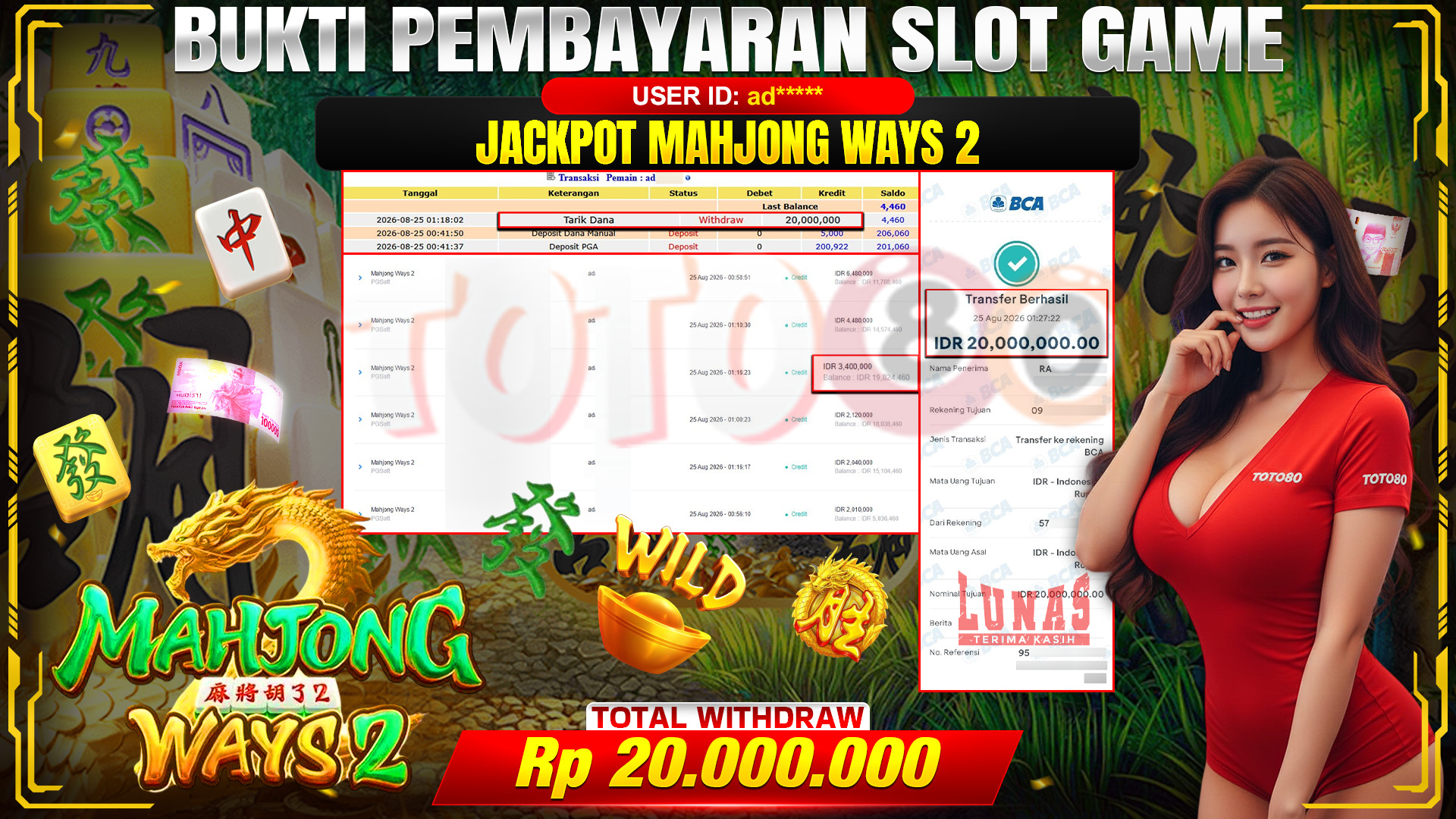 💰🎉 TOTO80 – JACKPOT SLOT MAHJONG  WAYS 2 RP. 20,000,000,-  TELAH DIBAYARKAN!💰🎉