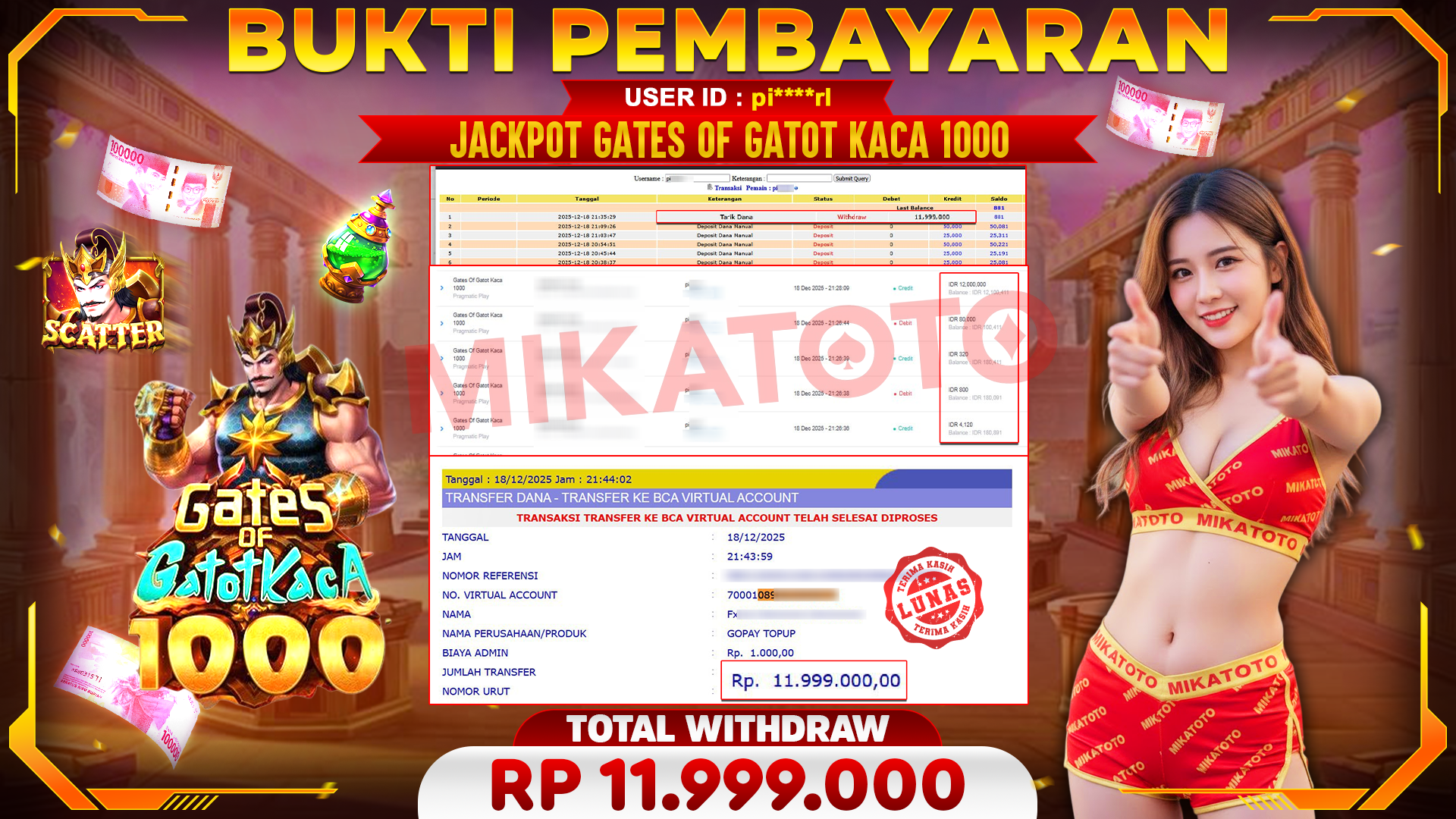 🏆 SELAMAT KEPADA PEMENANG JACKPOT DI Gates Of Gatot Kaca 1000 - Pragmatic Play 11,999,000 🏆