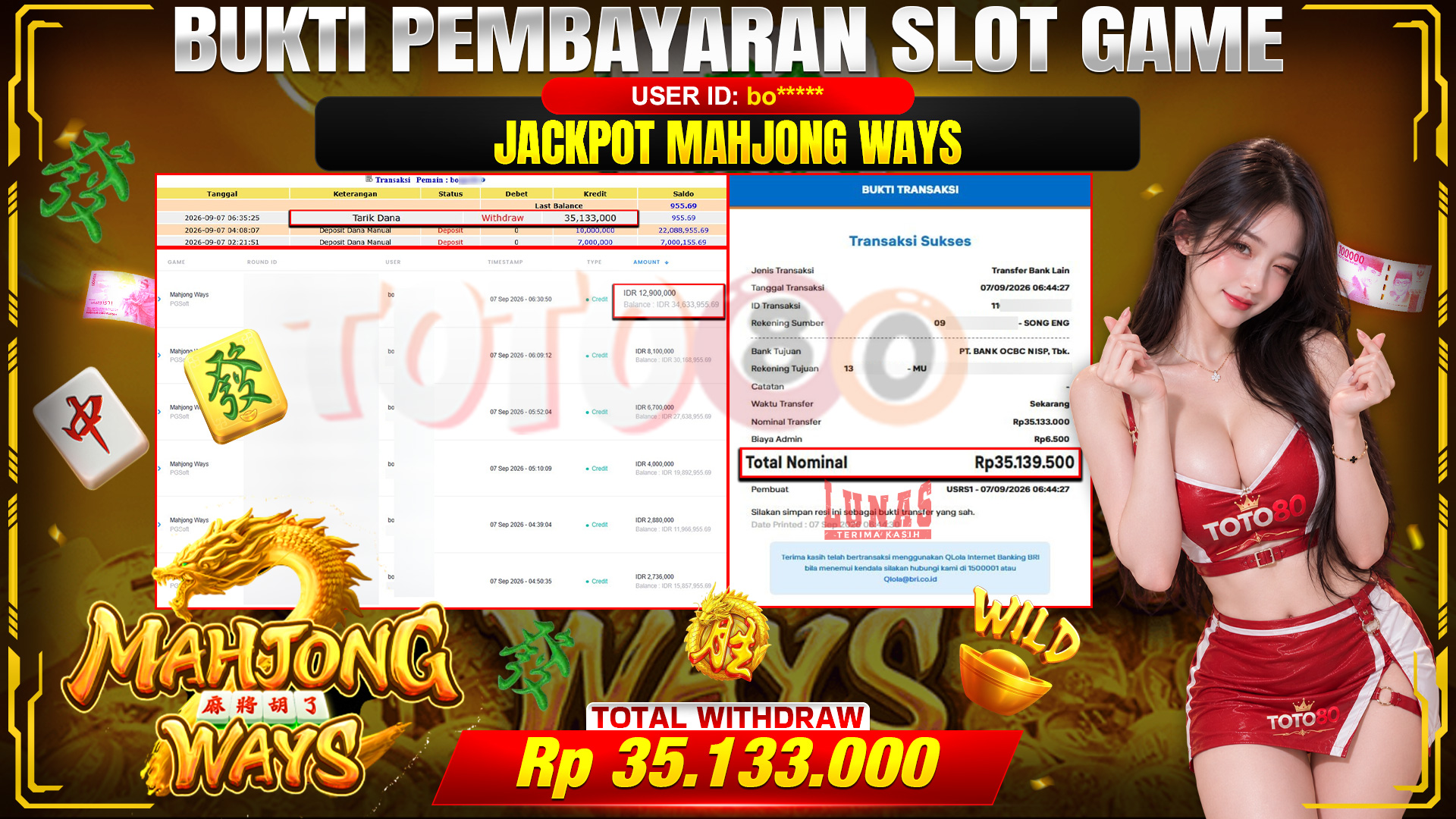 💰🎉 TOTO80 – JACKPOT SLOT MAHJONG  WAYS  RP. 35,133,000,-  TELAH DIBAYARKAN!💰🎉