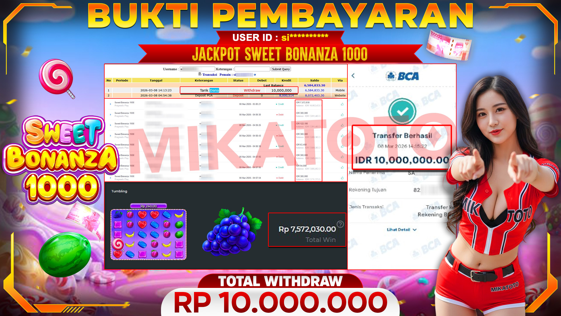 🏆 SELAMAT KEPADA PEMENANG JACKPOT DI Sweet Bonanza 1000 - Pragmatic Play 10,000.000🏆
