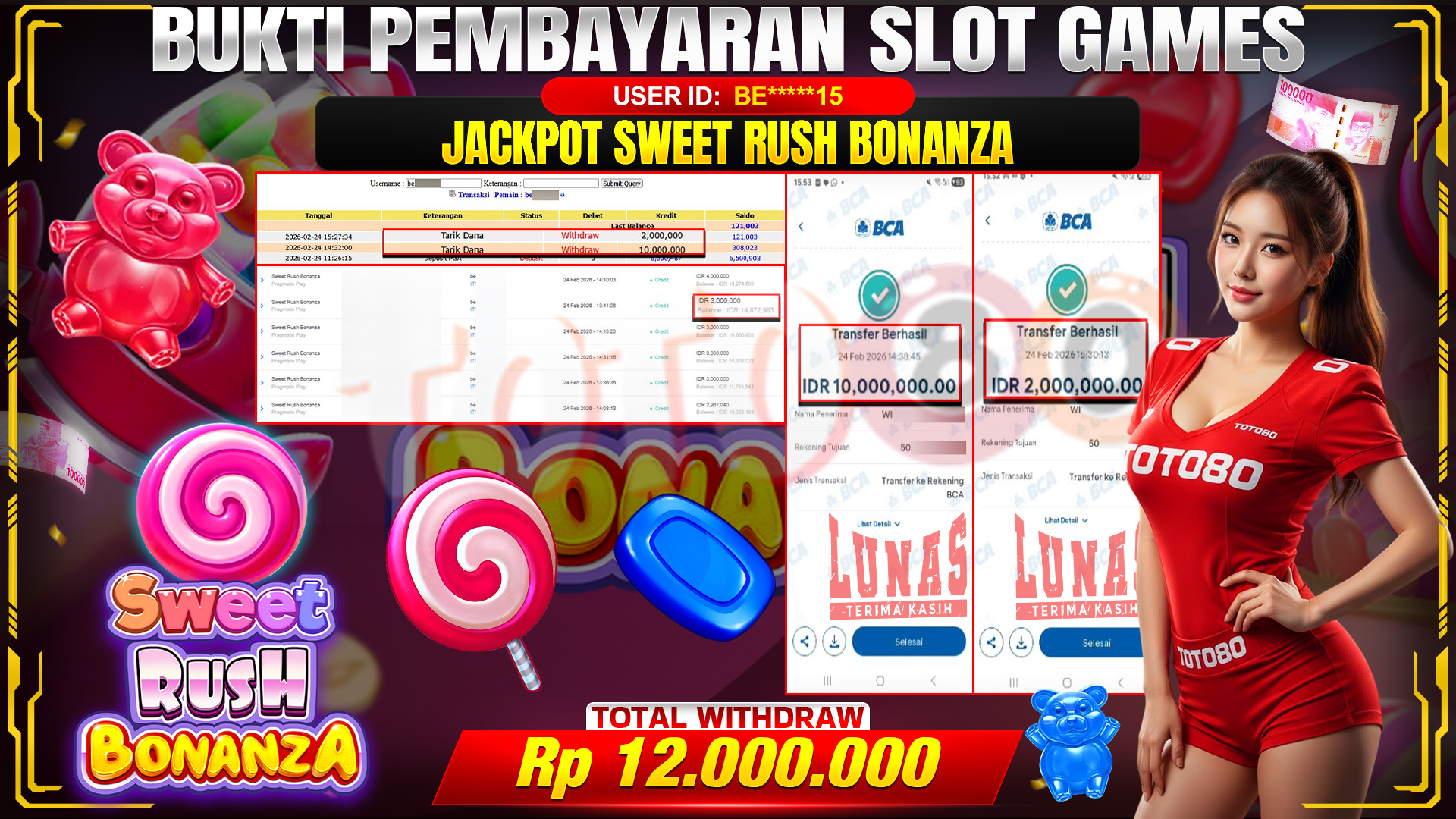 🎉 TOTO80 – JACKPOT SLOT SWEET RUSH BONANZA . 12,000,000,- TELAH DIBAYARKAN! 🎉