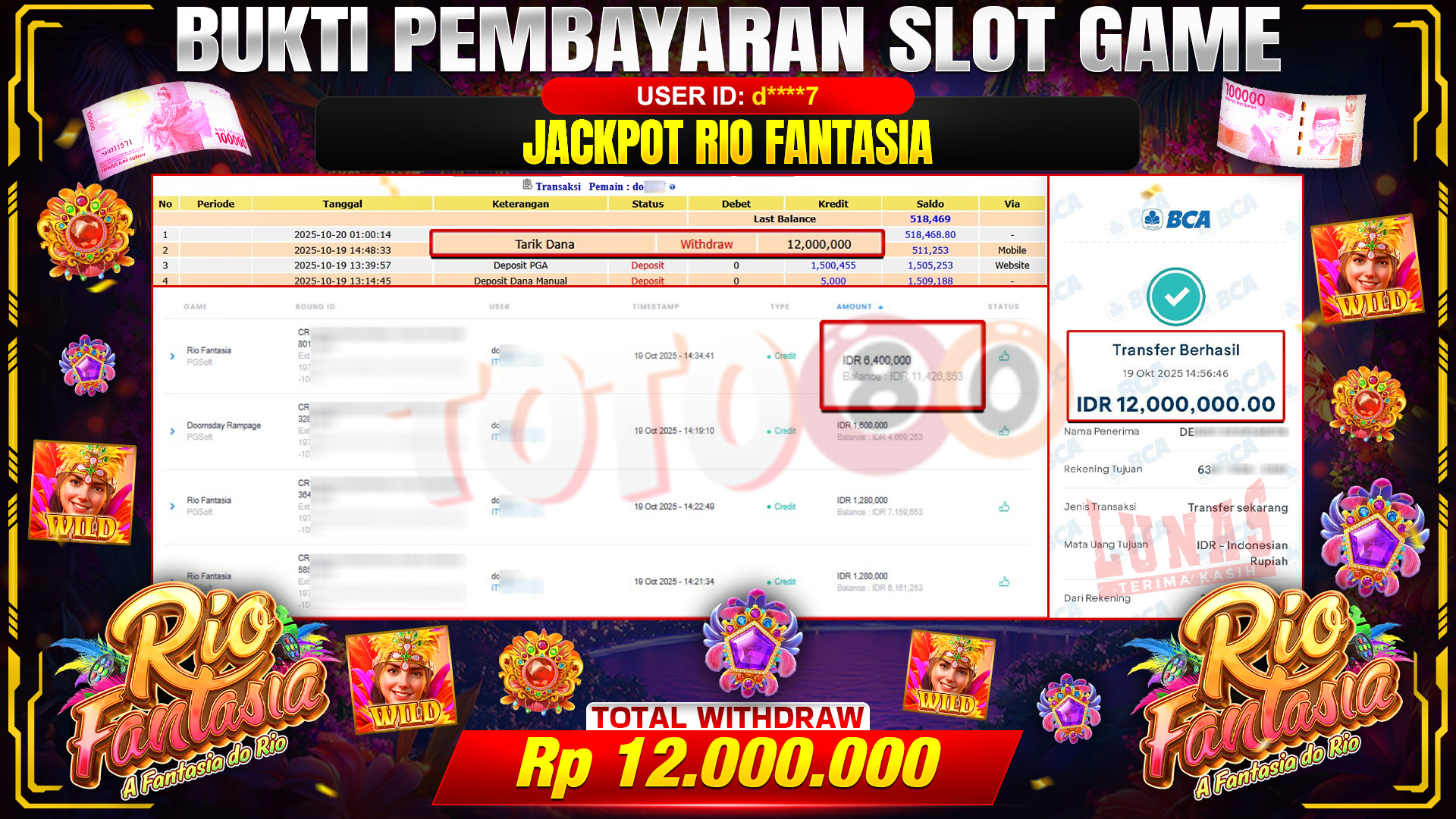 🎉 TOTO80 – JACKPOT SLOT RIO FANTASIA RP.12.000.000,- TELAH DIBAYARKAN! 🎉