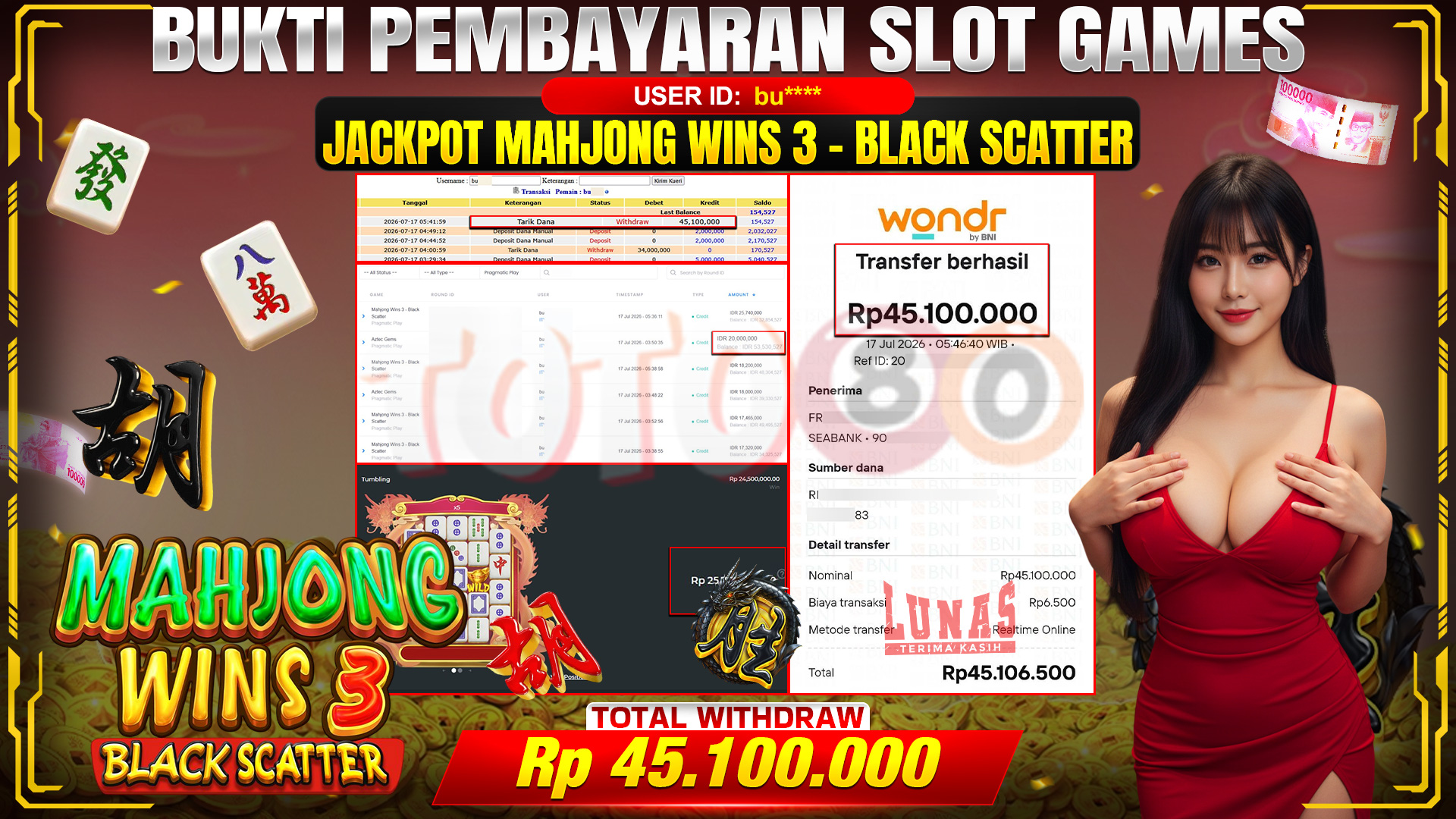 💰🎉 TOTO80 – JACKPOT MAHJONG WINS 3-BLACK SCATTER  RP. 45,100,000,- TELAH DIBAYARKAN! 💰🎉