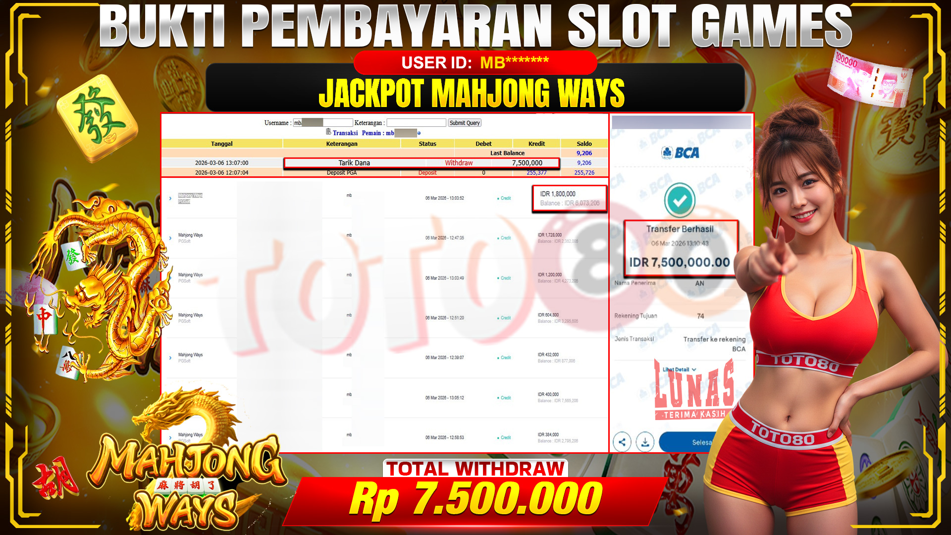 🎉 TOTO80 – JACKPOT SLOT MAHJONG WAYS  RP. 7,500,000,- TELAH DIBAYARKAN! 🎉