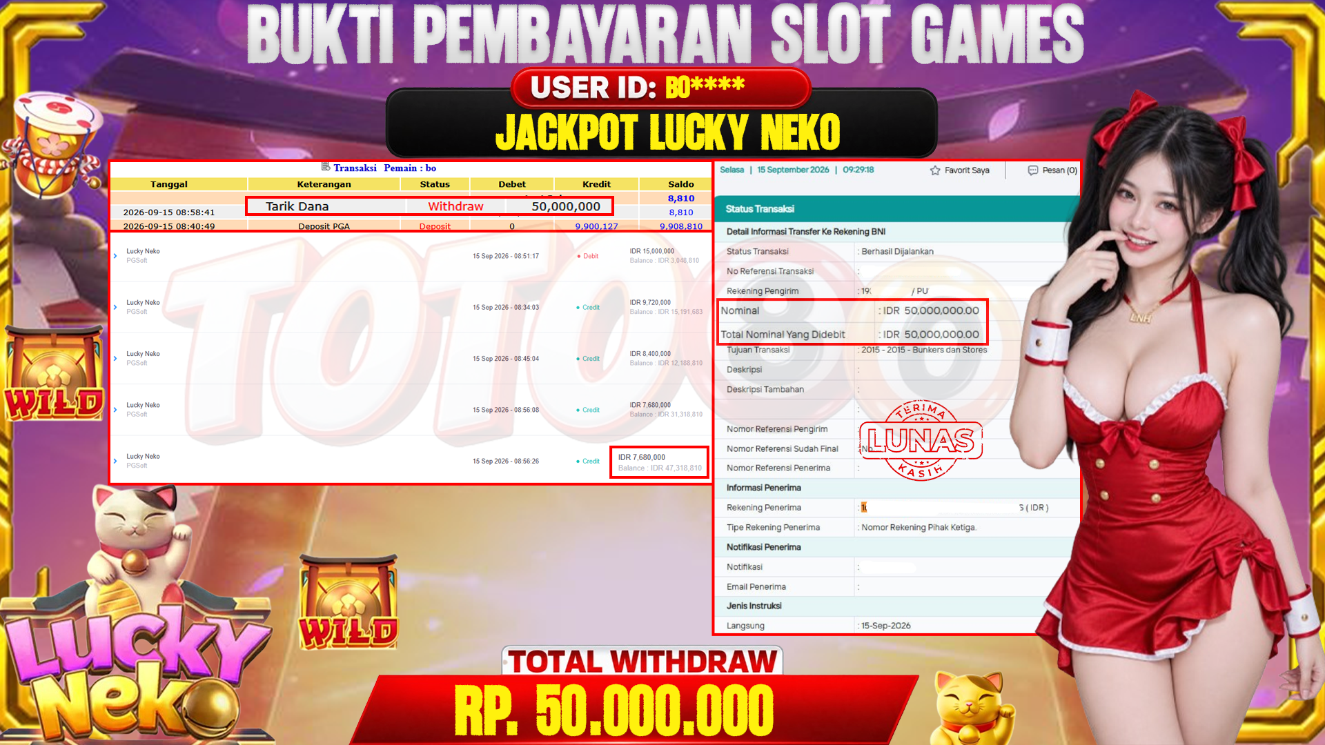 💰🎉  TOTO80 – JACKPOT SLOT LUCKY NEKO RP. 50,000,000,- TELAH DIBAYARKAN! 💰🎉 