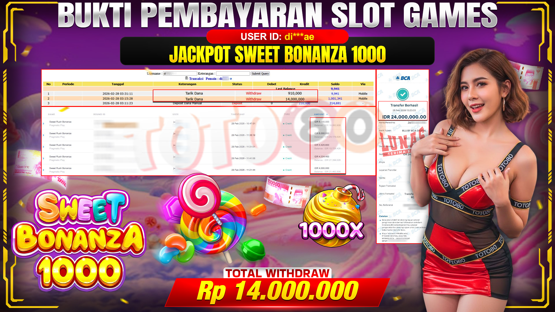 🎉 TOTO80 – JACKPOT SLOT SWEET BONANZA 1000 . 14,000,000,- TELAH DIBAYARKAN! 🎉