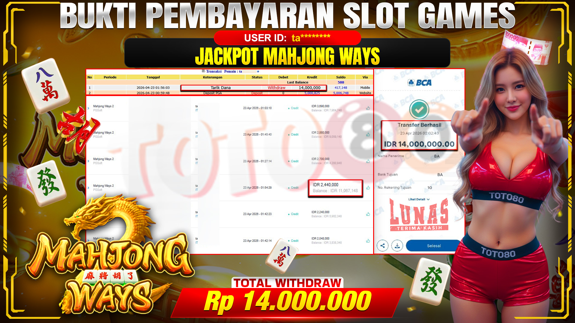 💰🎉 TOTO80 – JACKPOT SLOT MAHJONG WAYS 2 RP. 14,000,000,-  TELAH DIBAYARKAN!💰🎉