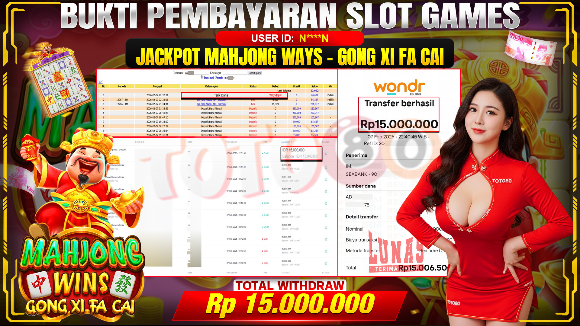 🎉 TOTO80 – JACKPOT SLOT MAHJONG WINS GONG XI FA CAI RP. 15,000,000,- TELAH DIBAYARKAN! 🎉