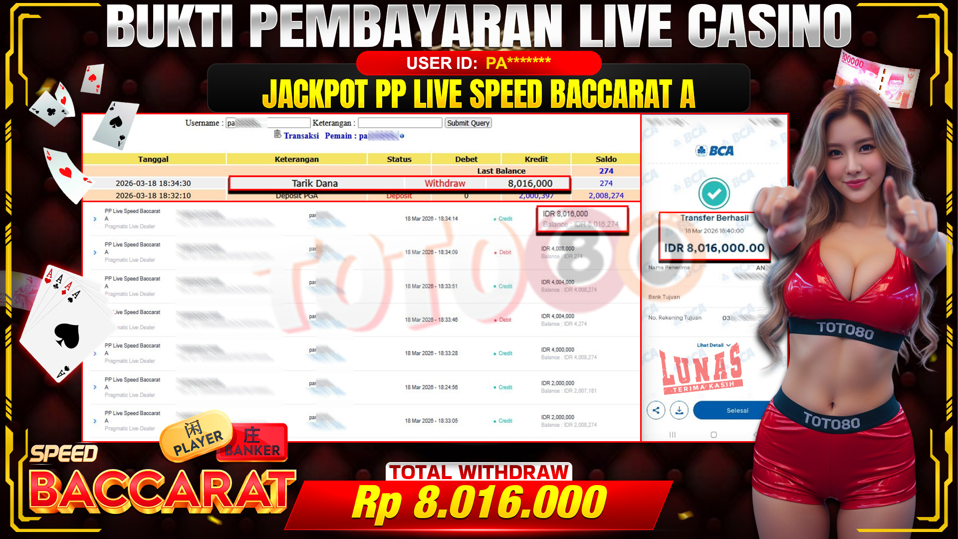 💰🎉 TOTO80 – JACKPOT SPEED BACCARAT A RP. 8,016,000,- TELAH DIBAYARKAN!💰🎉