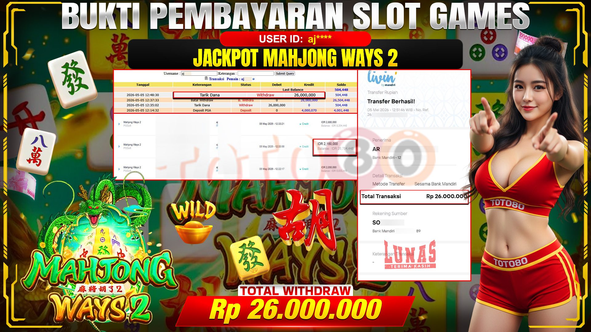 💰🎉 TOTO80 – JACKPOT SLOT MAHJONG WAYS 2 RP. 26,000,000,- TELAH DIBAYARKAN!💰🎉