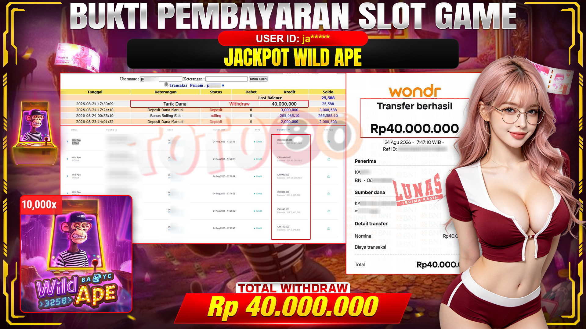 💰🎉 TOTO80 – JACKPOT SLOT WILD APE  RP. 40,000,000,- TELAH DIBAYARKAN!💰🎉