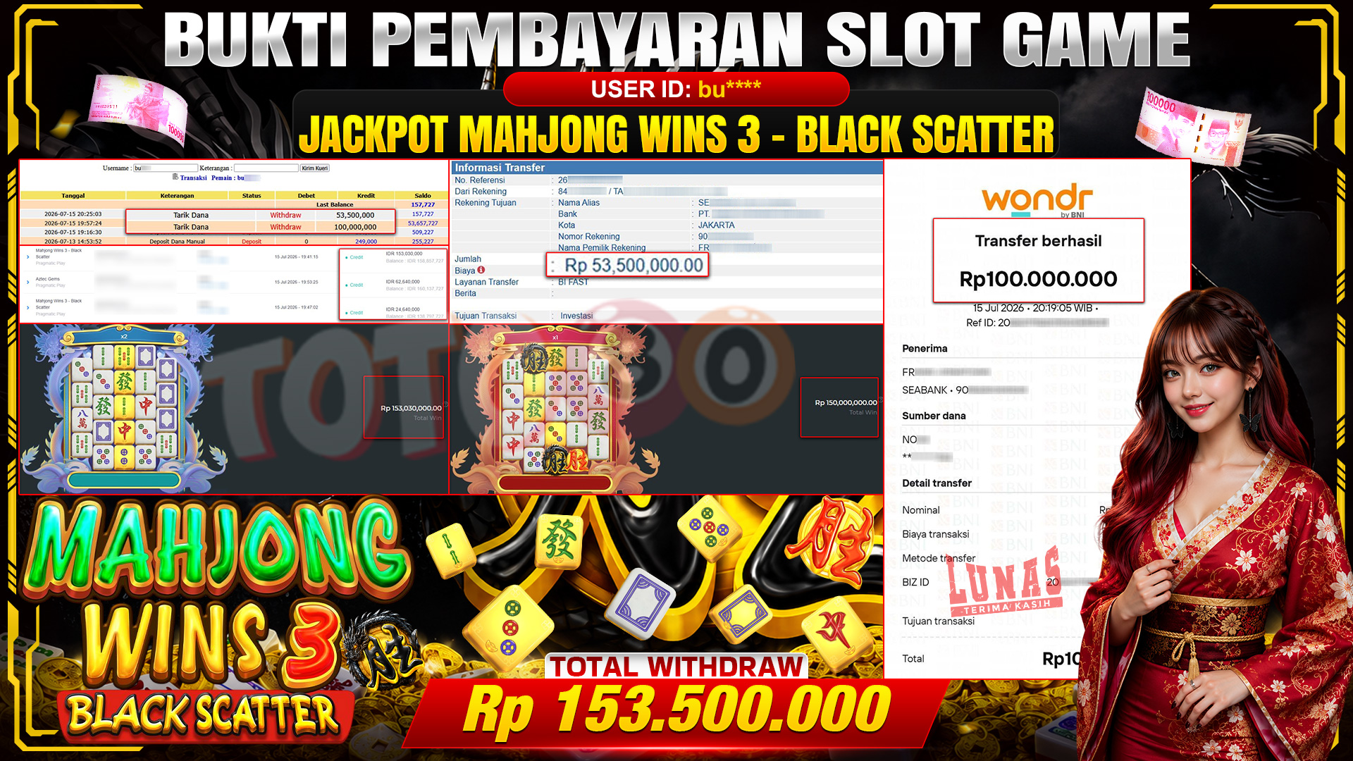 💰🎉 TOTO80 – JACKPOT MAHJONG WINS 3-BLACK SCATTER  RP. 153,500,000,-TELAH DIBAYARKAN! 💰🎉