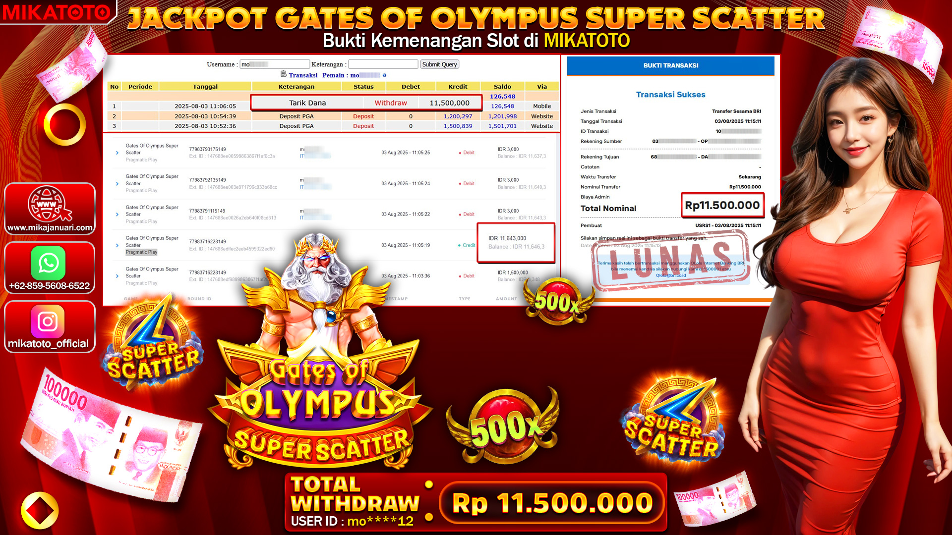 🏆 SELAMAT KEPADA PEMENANG JACKPOT DI Gates Of Olympus Super Scatter 11,500,000🏆