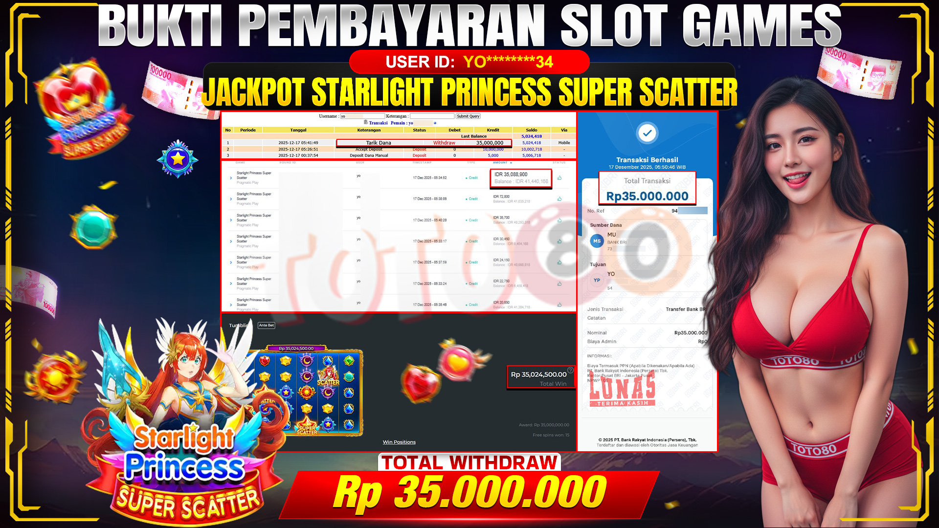 🎉 TOTO80 – JACKPOT SLOT STARLIGHT PRINCESS SUPER SCATTER RP. 35,000,000,- TELAH DIBAYARKAN! 🎉