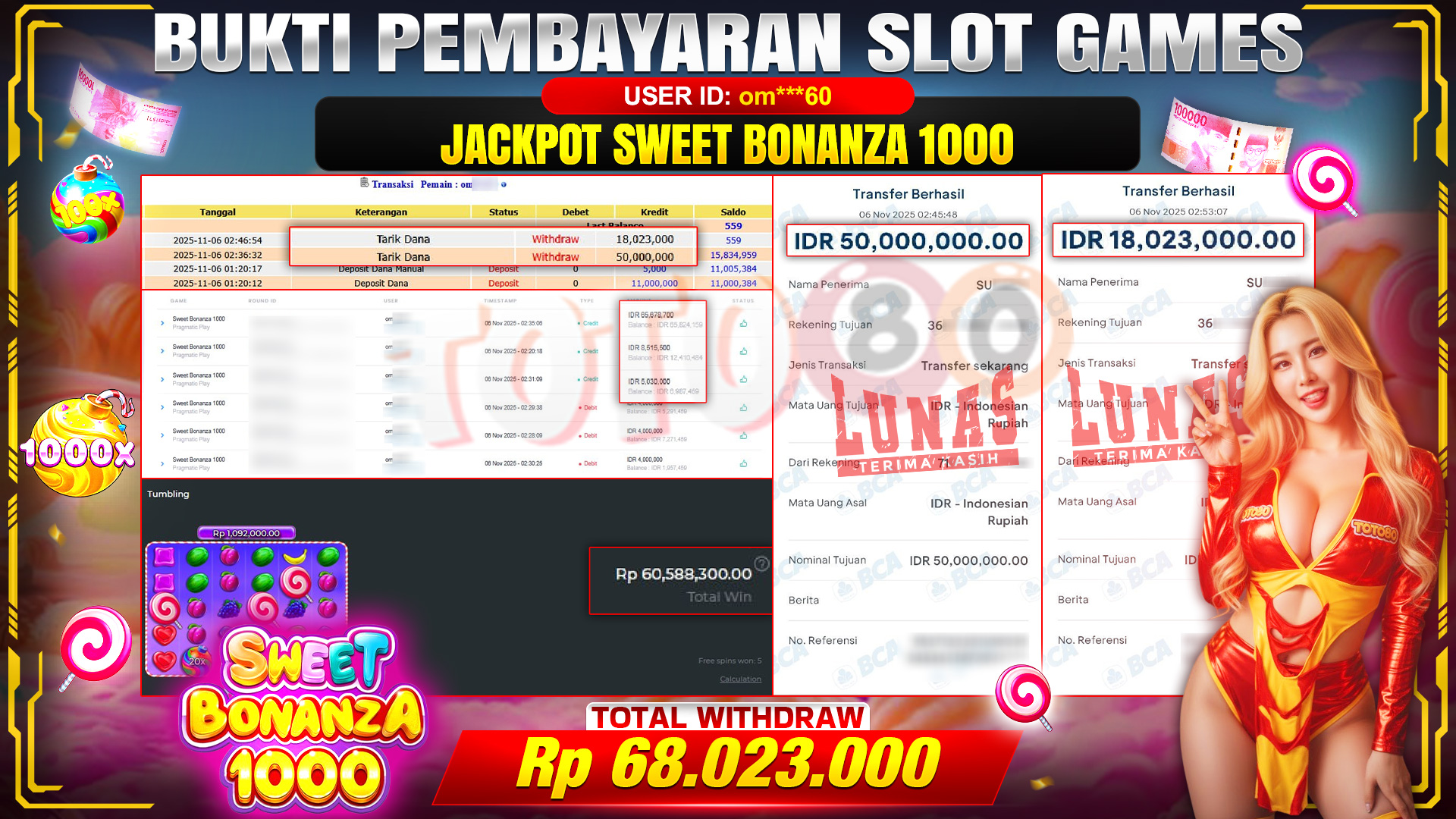 🎉 TOTO80 – JACKPOT SLOT SWEET BONANZA 1000 RP.68.023.000,- TELAH DIBAYARKAN! 🎉
