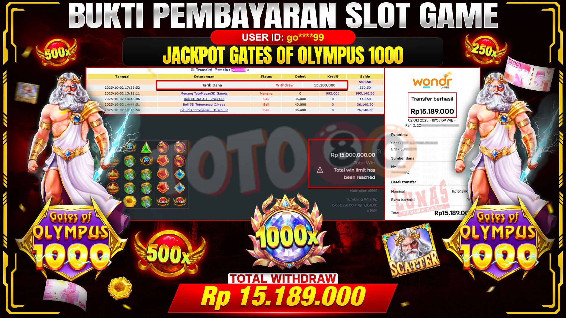 🎉 TOTO80 – JACKPOT SLOT GATES OF OLYMPUS 1000  RP.15.189.000,- TELAH DIBAYARKAN! 🎉
