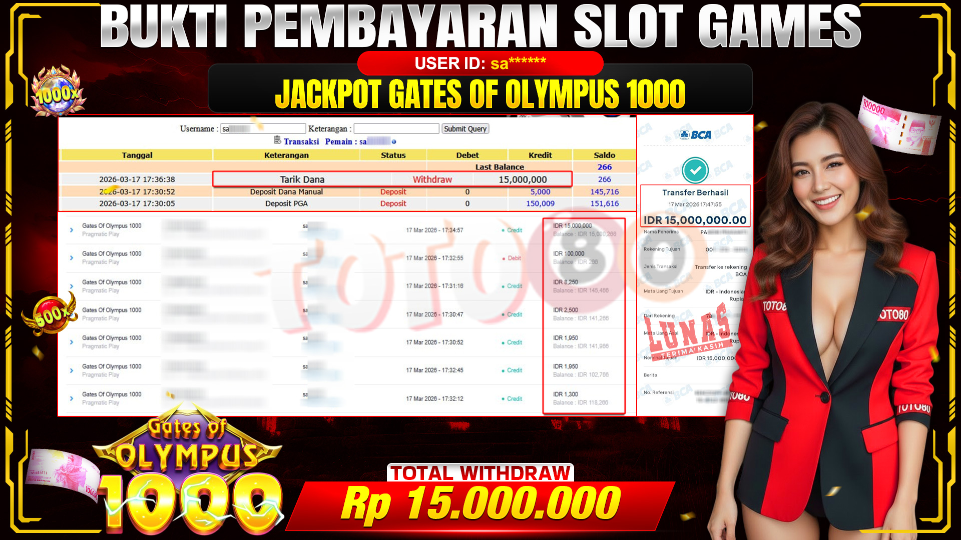 💰🎉 TOTO80 – JACKPOT SLOT GATES OF OLYMPUS 1000 RP. 15,000,000,- TELAH DIBAYARKAN!💰🎉