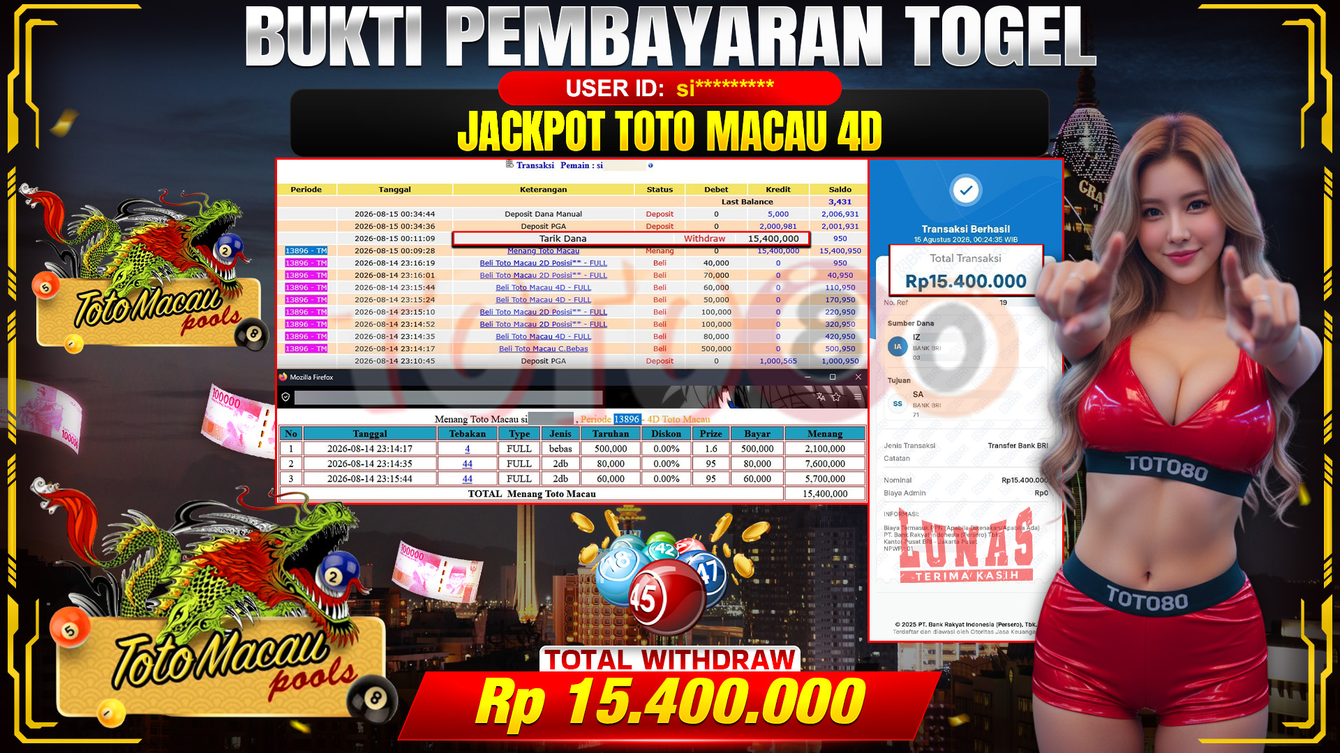 💰🎉 TOTO80 – JACKPOT TOGEL TOTO MACAU 4D RP. 15,400,000,- TELAH DIBAYARKAN!💰🎉