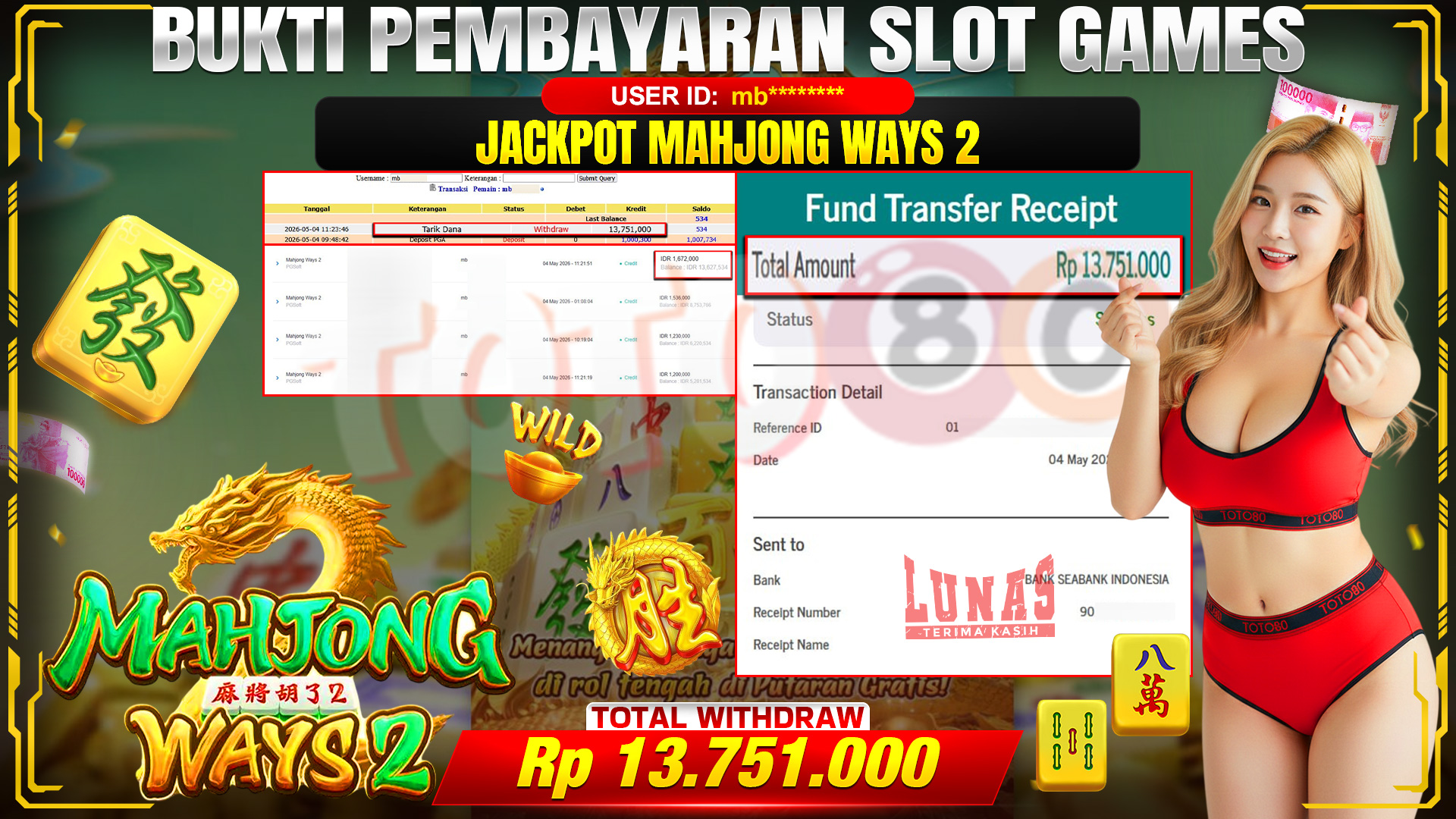 💰🎉 TOTO80 – JACKPOT SLOT MAHJONG WAYS 2 RP. 13,751,000,- TELAH DIBAYARKAN!💰🎉