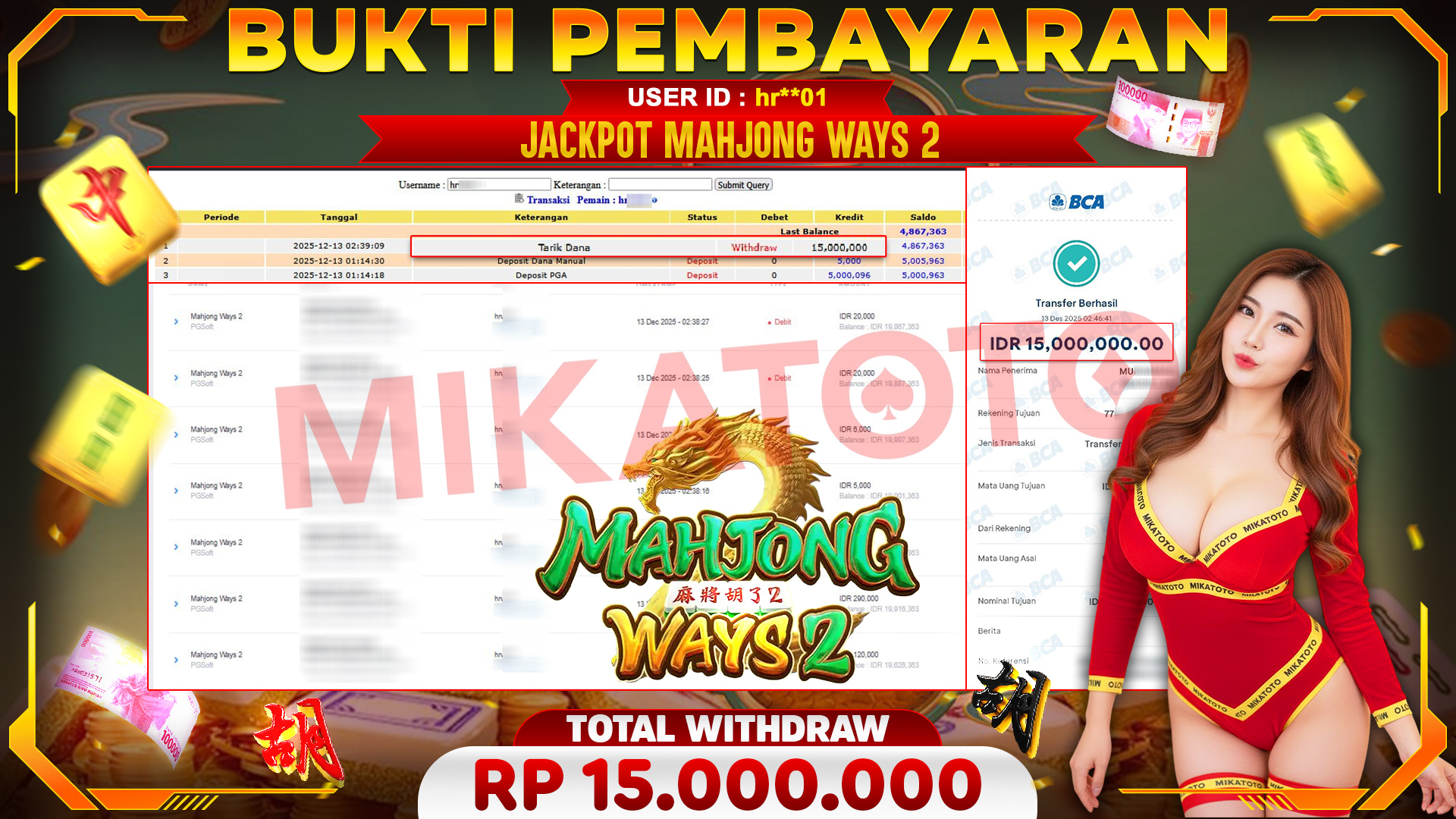 🏆 SELAMAT KEPADA PEMENANG JACKPOT DI Mahjong Ways 2 - PGSoft 15,000,000🏆