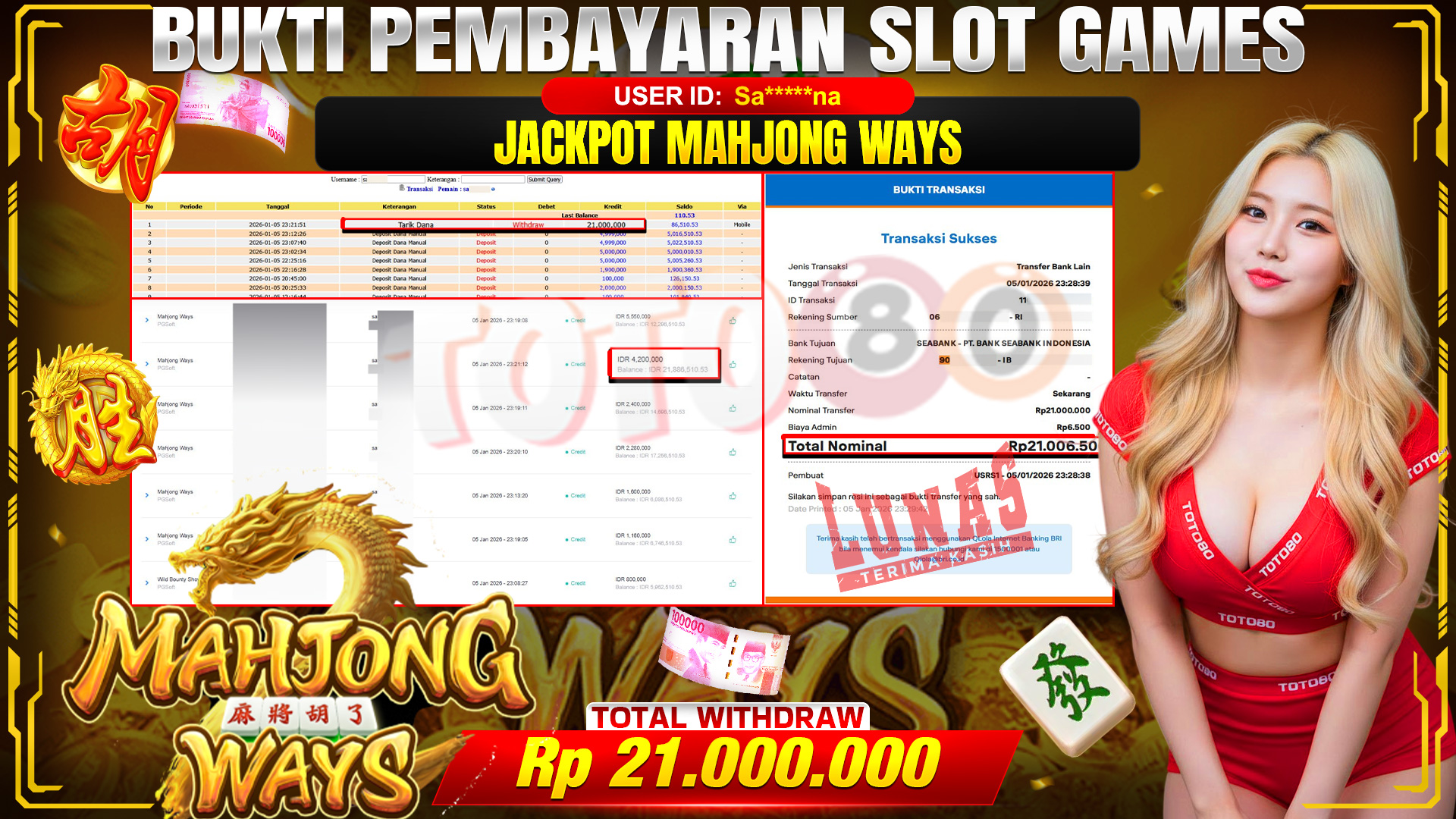 🎉 TOTO80 – JACKPOT SLOT MAHJONG WAYS RP.21,000,000,- TELAH DIBAYARKAN! 🎉
